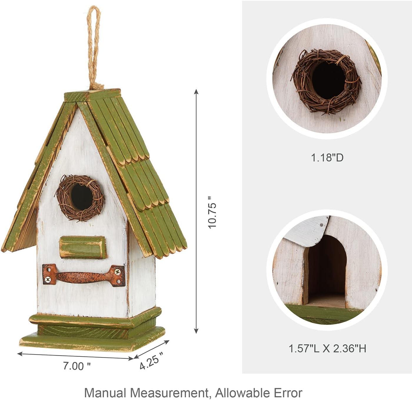 10.5" Hand Painted Distressed Wood Birdhouse with Green Roof