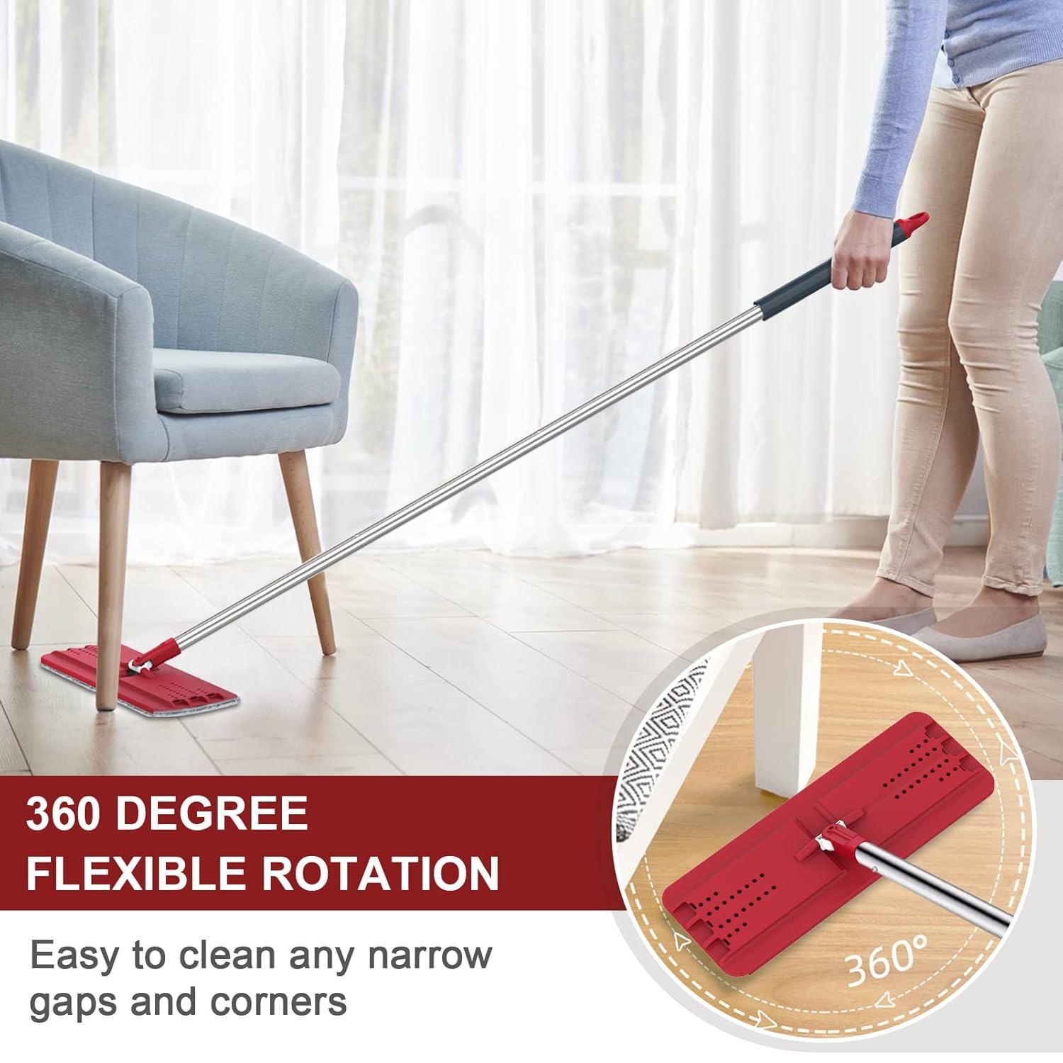BOSHENG Hands-Free Mop and Bucket Set with 3 Washable Pads, Wet/Dry Floor Cleaning System, Red/Black