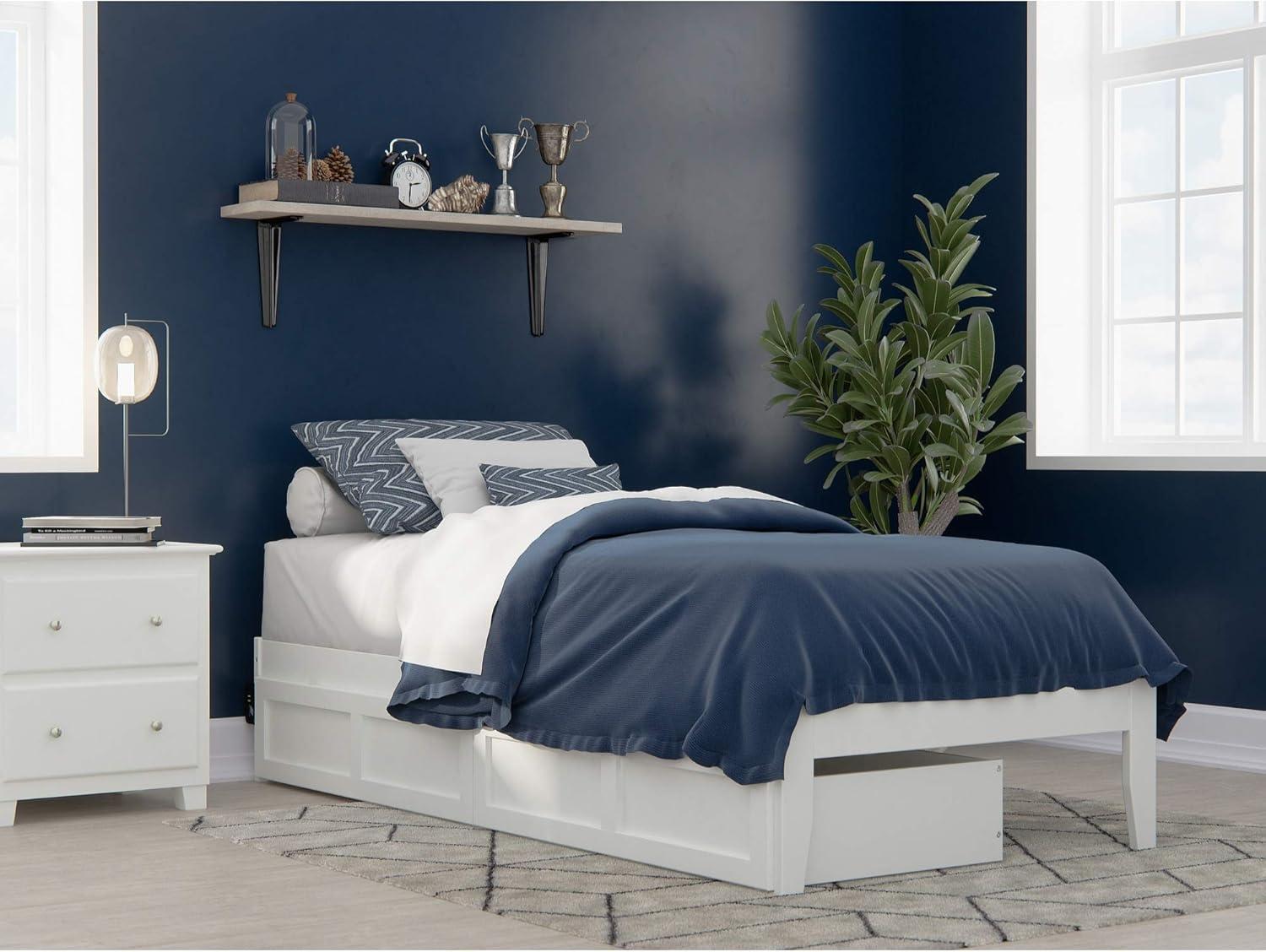 White Twin Platform Bed with Storage Drawers and USB Charger