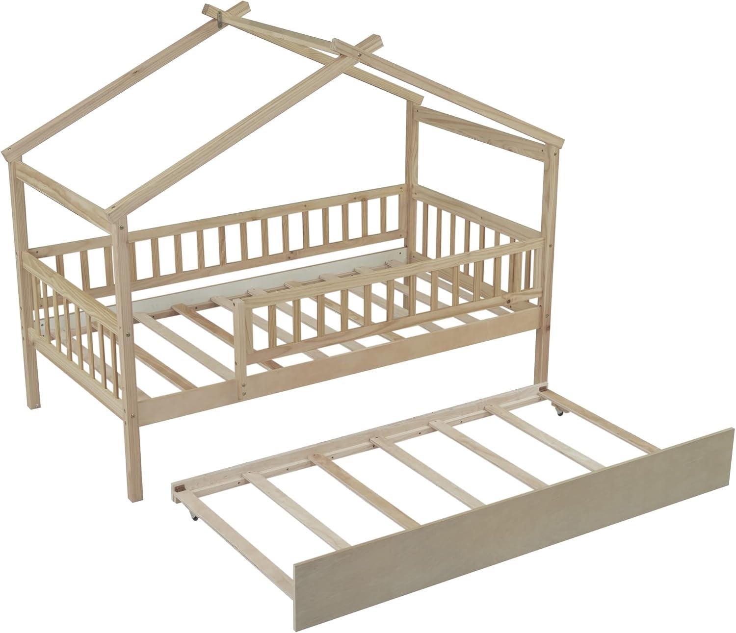 Twin House Bed with Trundle, House Bed for Kids, Wooden Daybed Twin Platform Bed Frame with Guardrails and Roof, for Girls Boys, Easy Assembly (Twin Size, Natural)