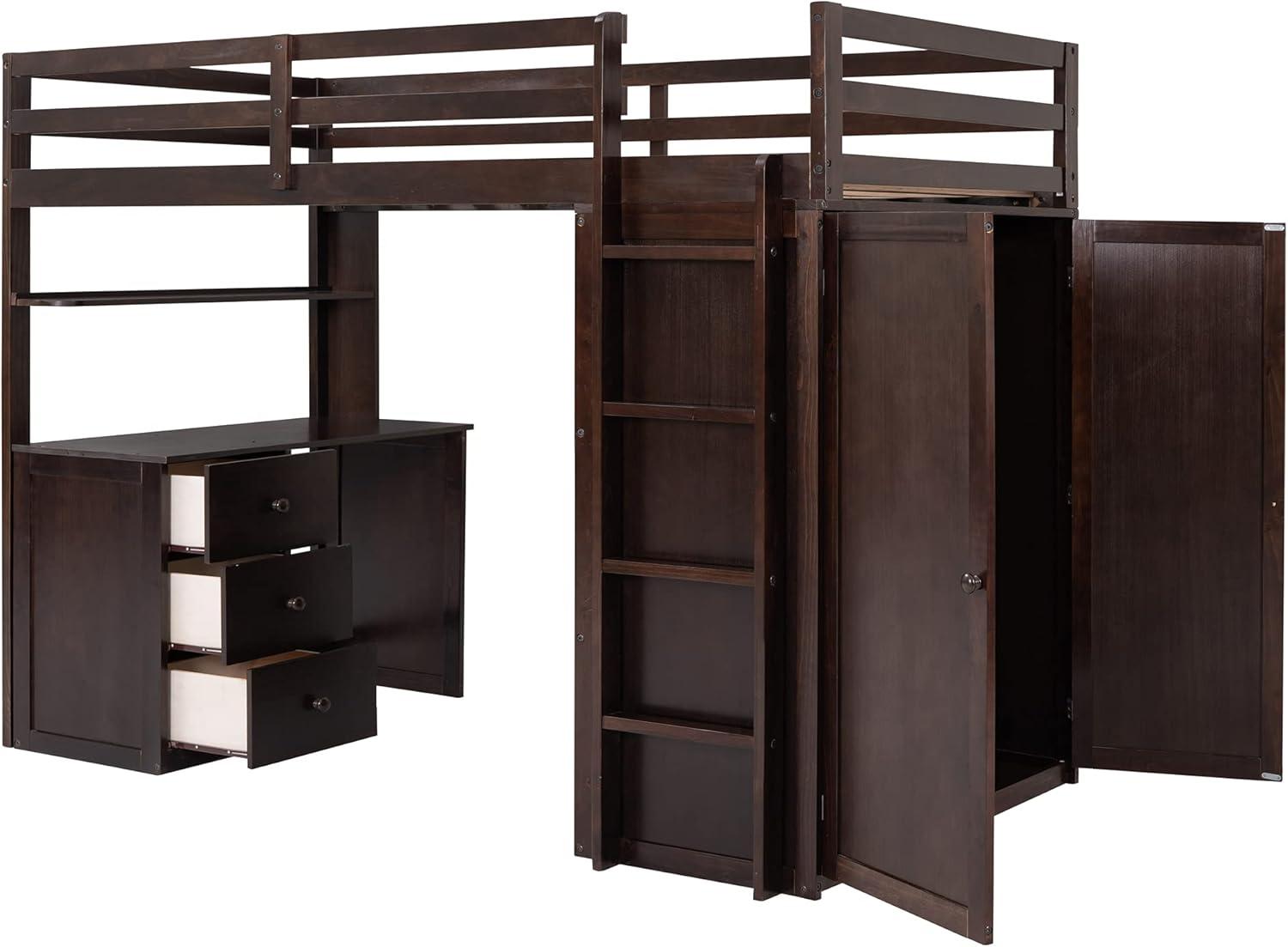 Seizeen Wooden Twin Size Loft Bed for Kids, Twin Loft Bed with Drawers, Desk, Wardrobe, Ladder & Safety Rails, Modern Bedroom Space Saving Loft Bed Frame with Storage, No Box Spring Needed, Espresso