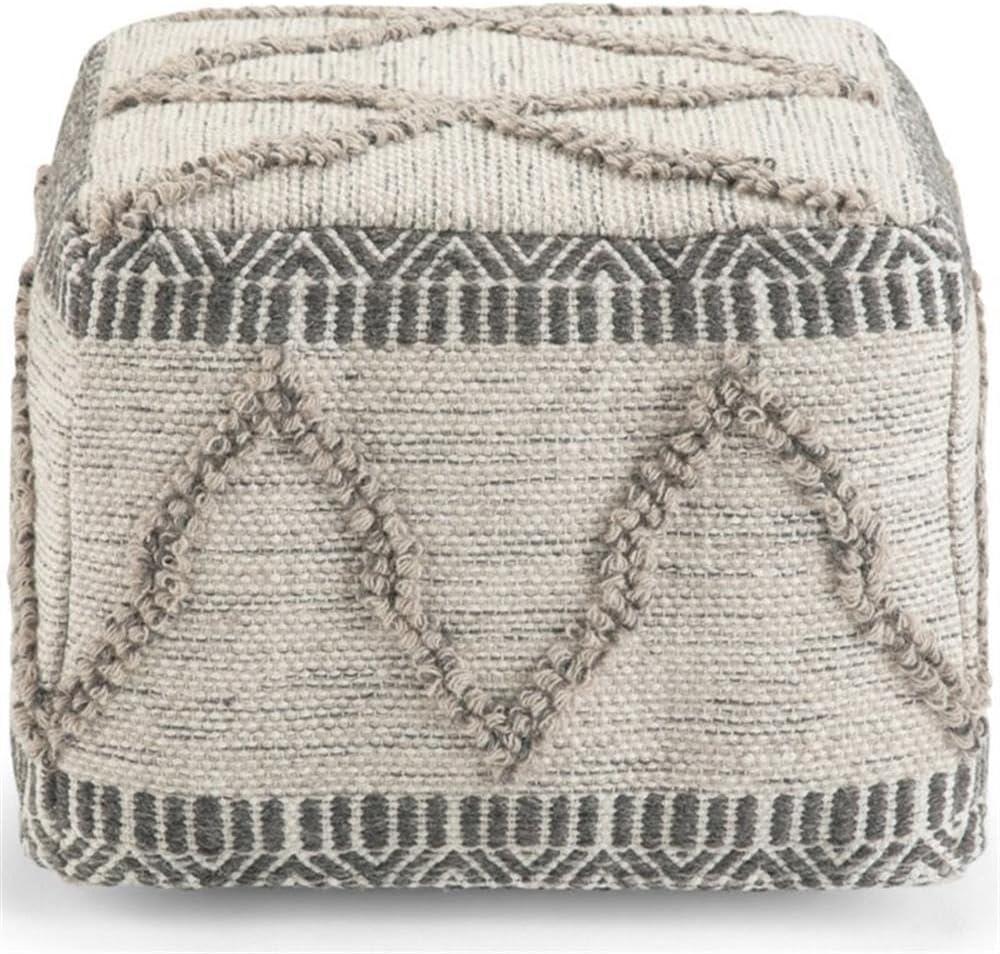 Simpli Home Sweeney Boho Square Pouf in Gray and Natural Handloom Woven Pattern