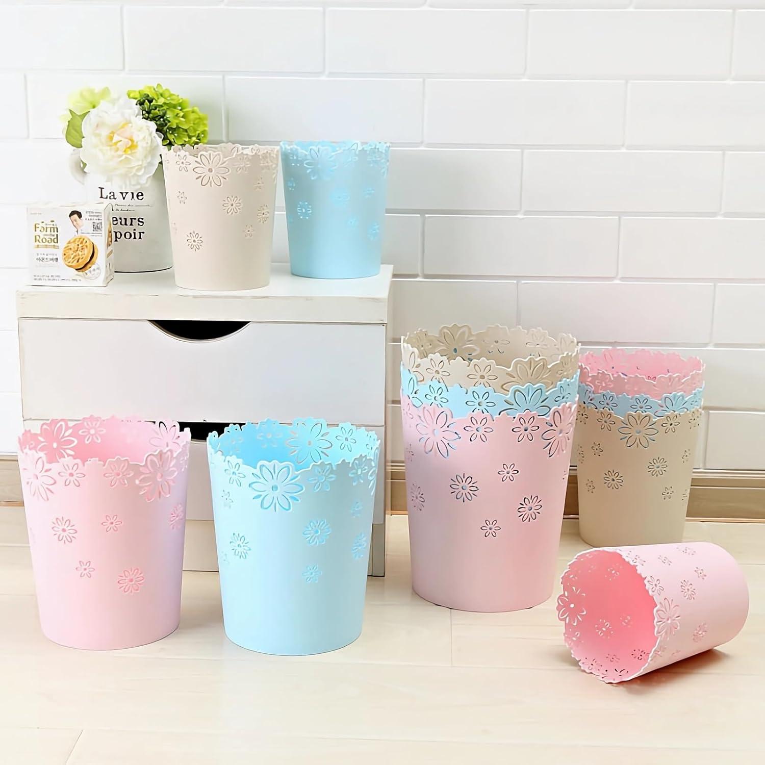 Blue and Pink Floral Pattern Plastic Wastebasket