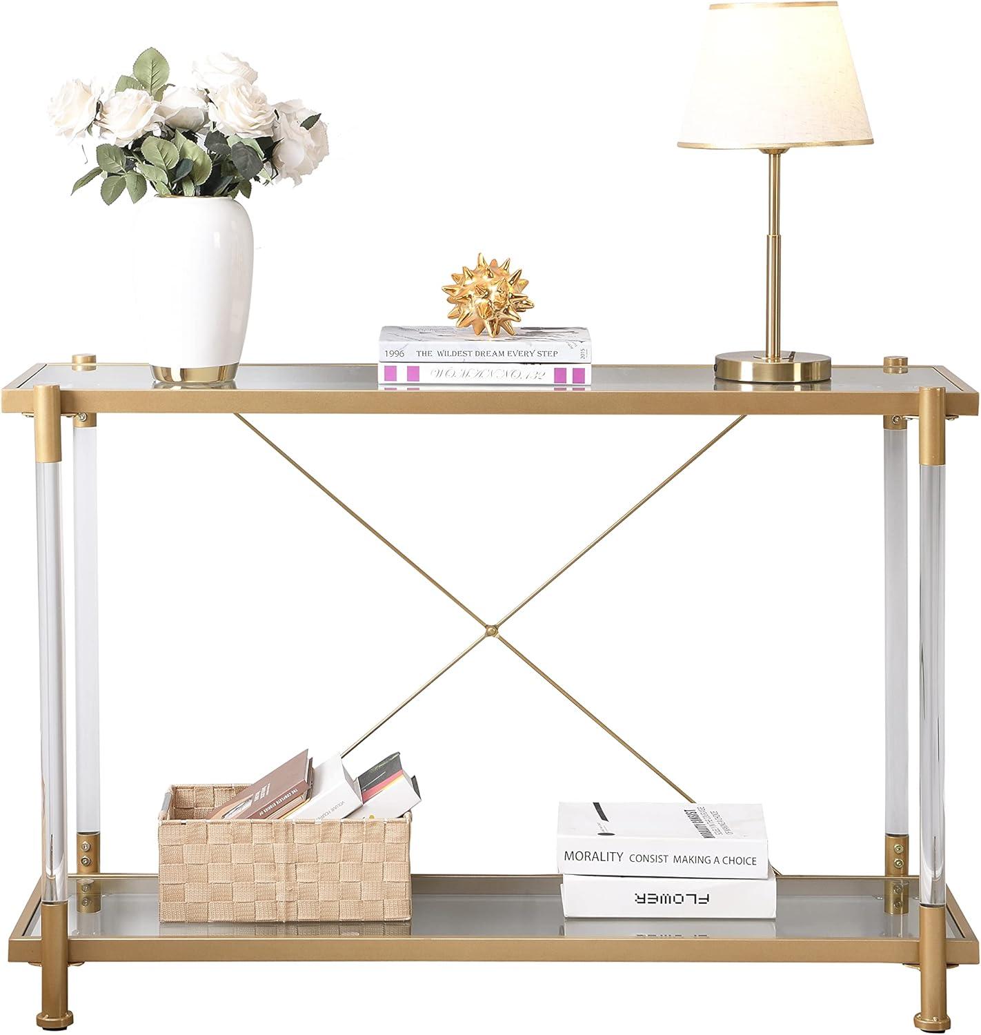 Glavbiku 43.31" Golden Glass Console Table, Acrylic Side Table,Sofa Table for Living Roome,Bedroom,Gold