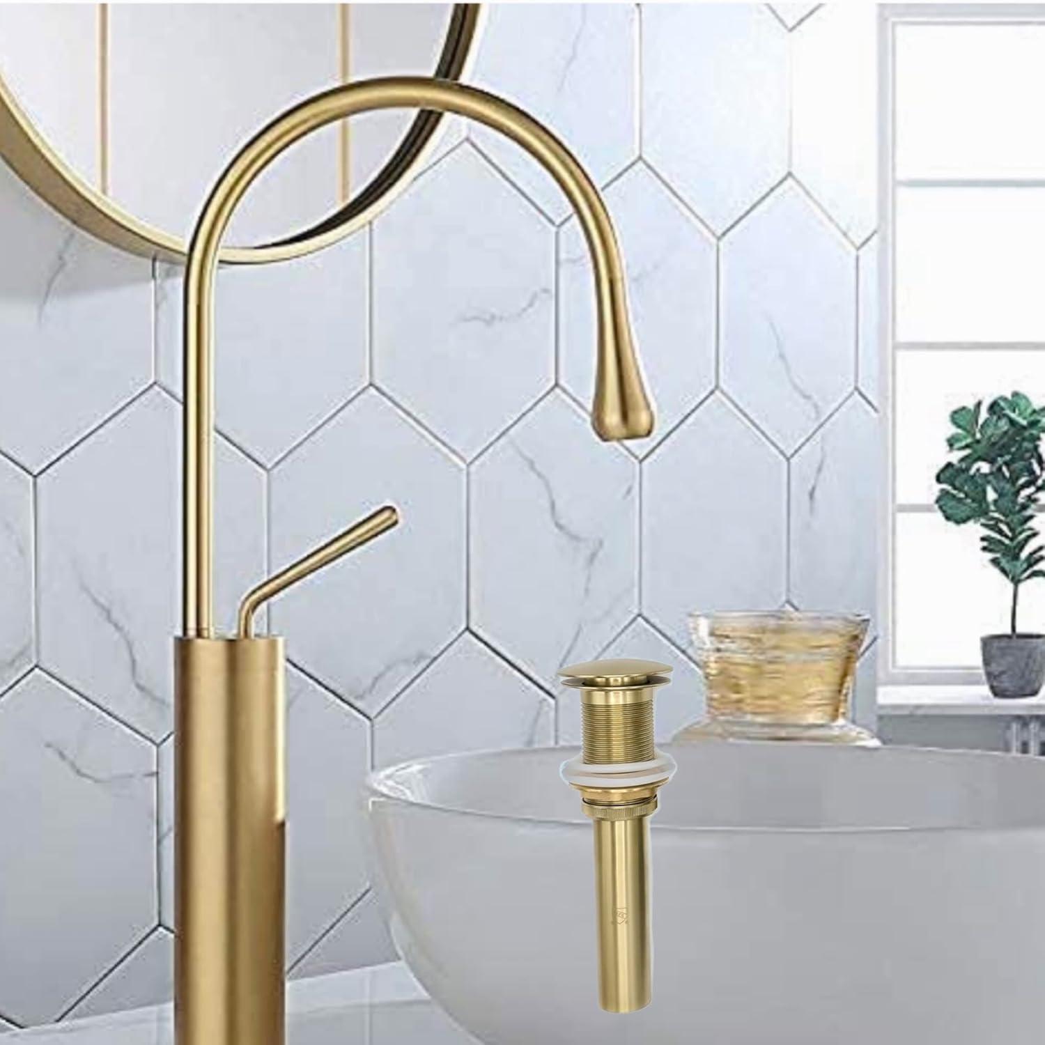 Brushed Gold Tall Brass Bathroom Faucet with Pop-Up Drain