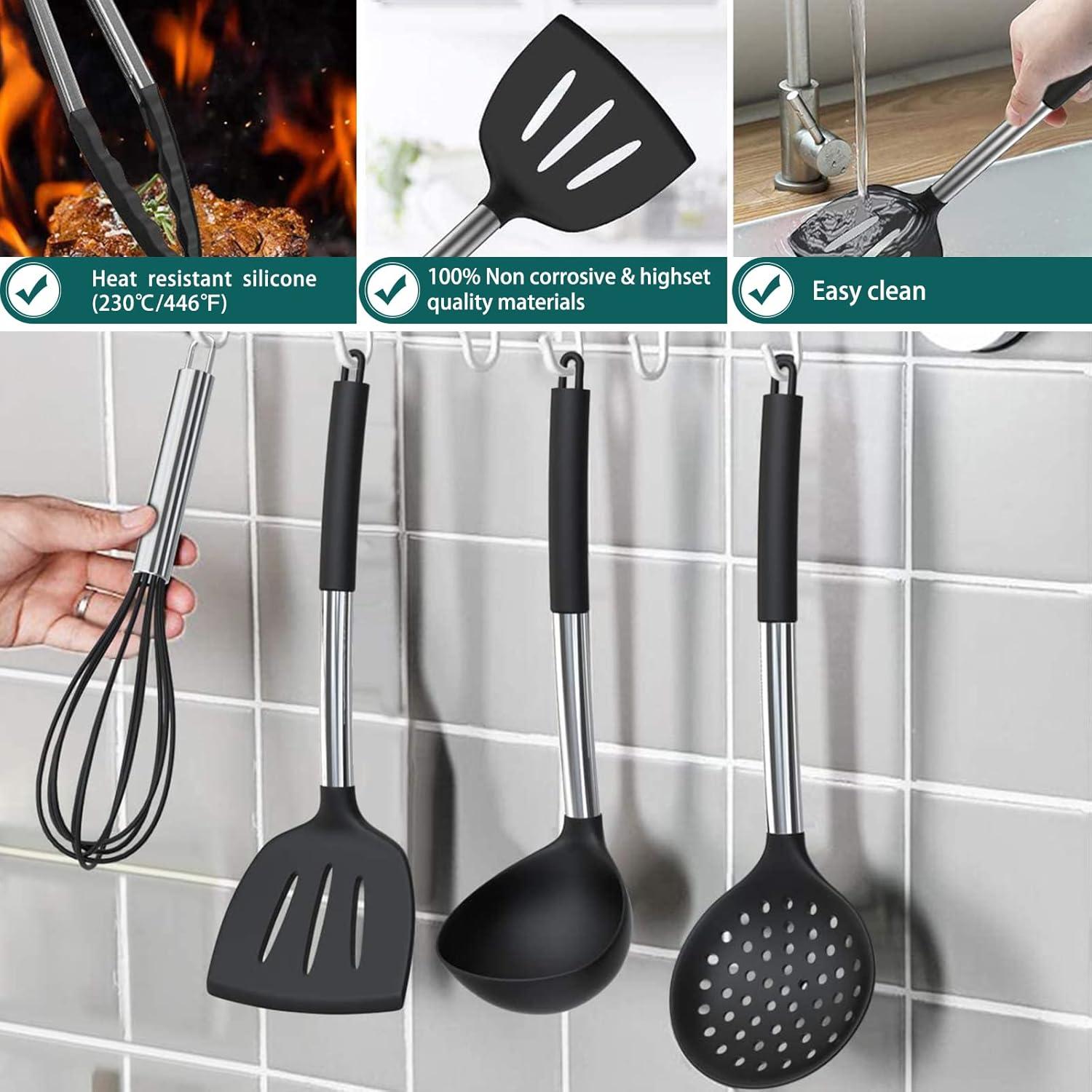 15-Piece Black Silicone Cooking Utensil Set with Stainless Steel Handles