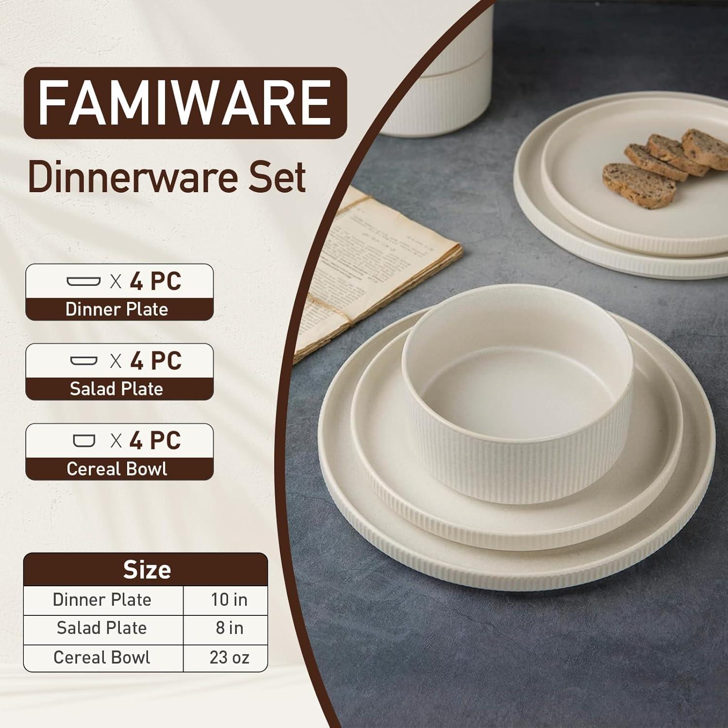Famiware Star Stoneware Dinnerware Sets, Plates and Bowls Set for 4, 12 Piece Dish Set, Matte White