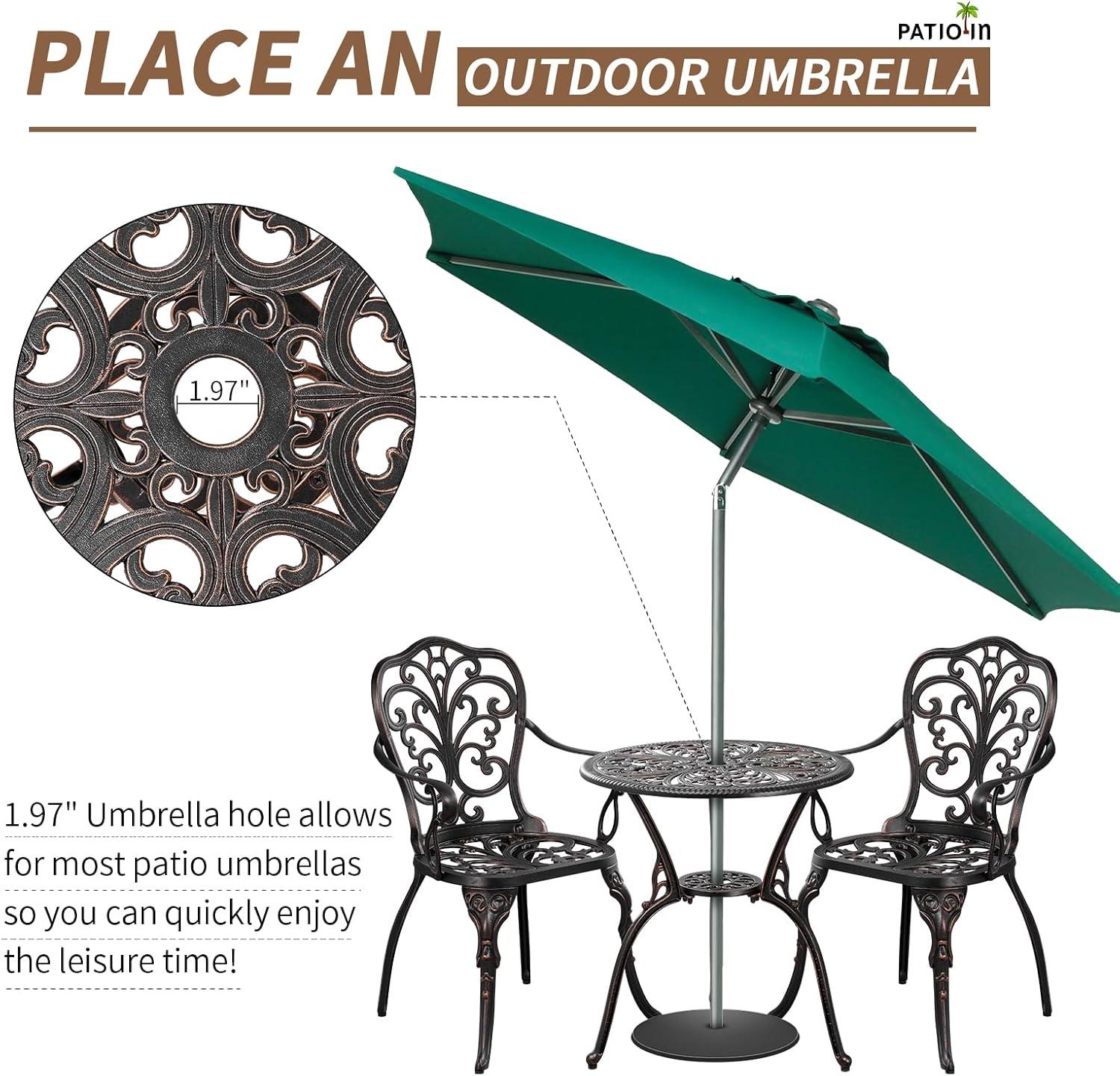 PATIO-IN 3 Piece Bistro Set Cast Aluminum Bistro Table and Chairs Set of 2 with Umbrella Hole,Patio Furniture Sets for Front Porch,Garden