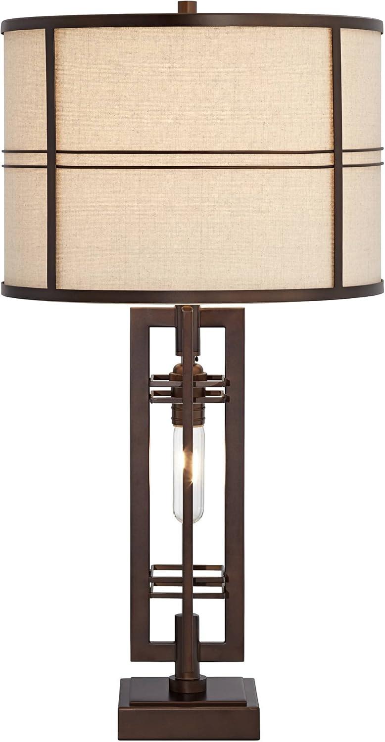 Franklin Iron Works Elias Modern Industrial Table Lamp 28" Tall Oiled Bronze with Nightlight Off White Oatmeal Drum Shade for Bedroom Living Room Kids