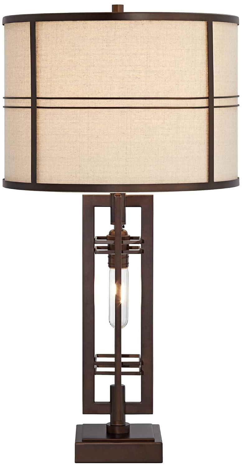 Franklin Iron Works Elias Modern Industrial Table Lamp 28" Tall Oiled Bronze with Nightlight Off White Oatmeal Drum Shade for Bedroom Living Room Kids