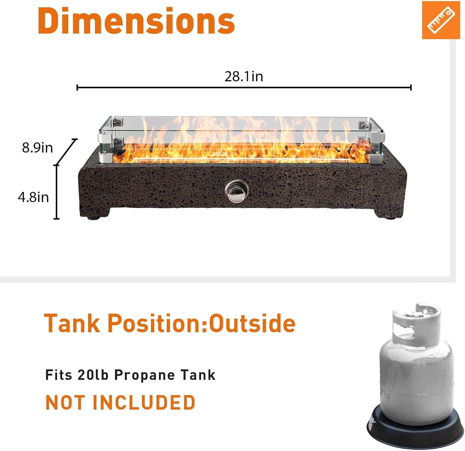 COSIEST 28" Tabletop Fire Pit, CSA Certified Outdoor Propane Fire Pit Table w Magnesium Oxide Rectangle Base, 40,000 BTU Stainless Steel Burner, Glass Rocks, Glass Wind Guard, Fits 20lb Tank Outside