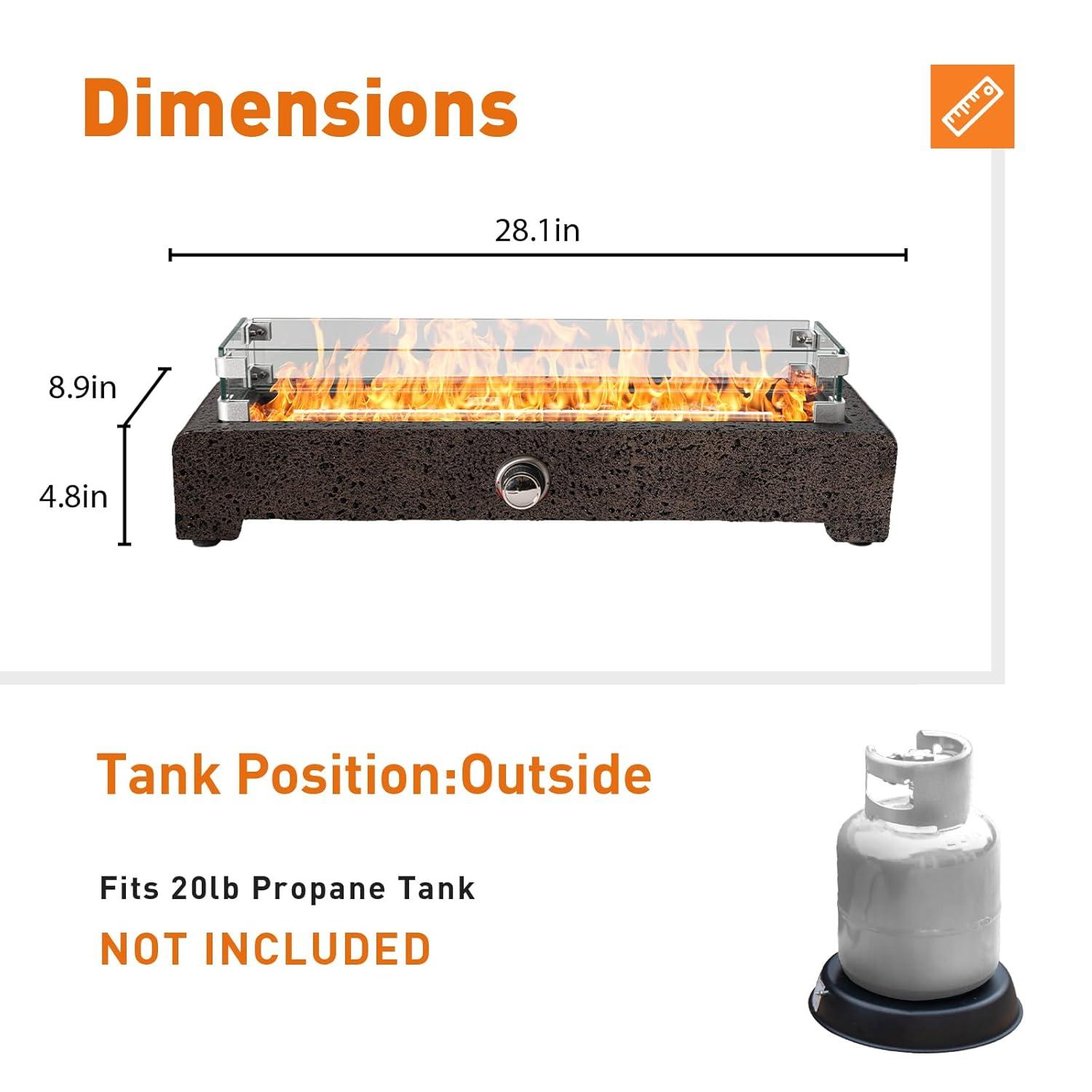 COSIEST 28" Tabletop Fire Pit, CSA Certified Outdoor Propane Fire Pit Table w Magnesium Oxide Rectangle Base, 40,000 BTU Stainless Steel Burner, Glass Rocks, Glass Wind Guard, Fits 20lb Tank Outside