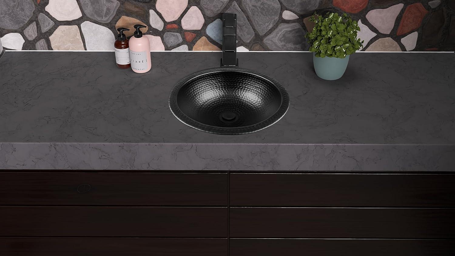 Aluminum Hand Hammered Rotunda Drop-In Bathroom Vanity Sink 16", Black