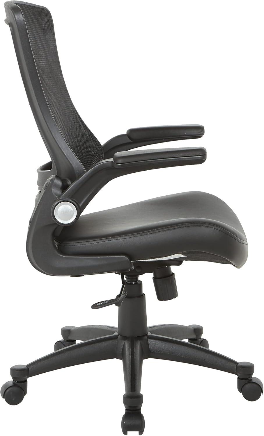 Office Star Products Screen Back Manager's Chair in Black Faux Leather Seat with PU Padded Flip Arms with Silver Accents