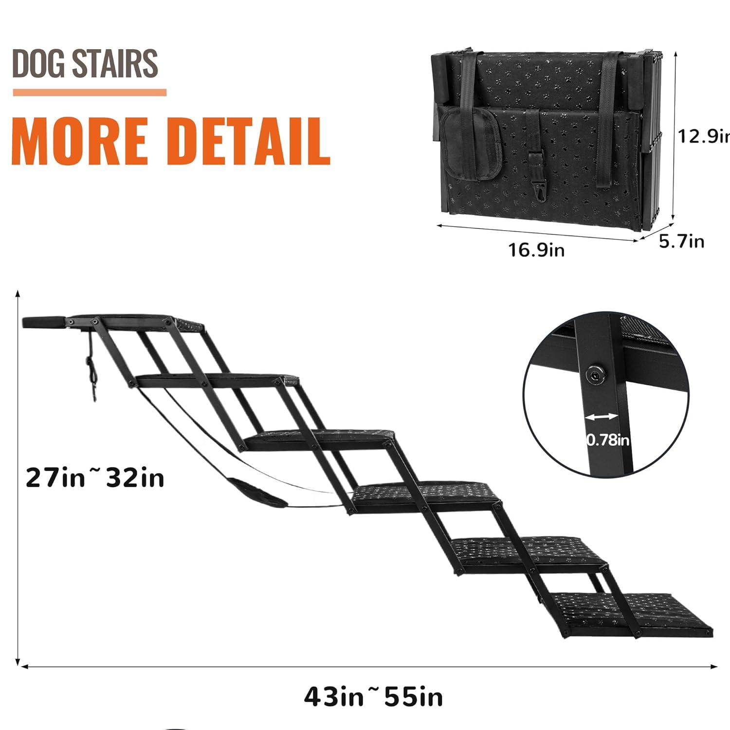 Dog Stairs for Car - Foldable Dog Ramps for Large Dogs with Non Slip Surface, Portable Dog Steps for Cars and SUV, Truck, Support Up to 200 Lbs, 6 Steps