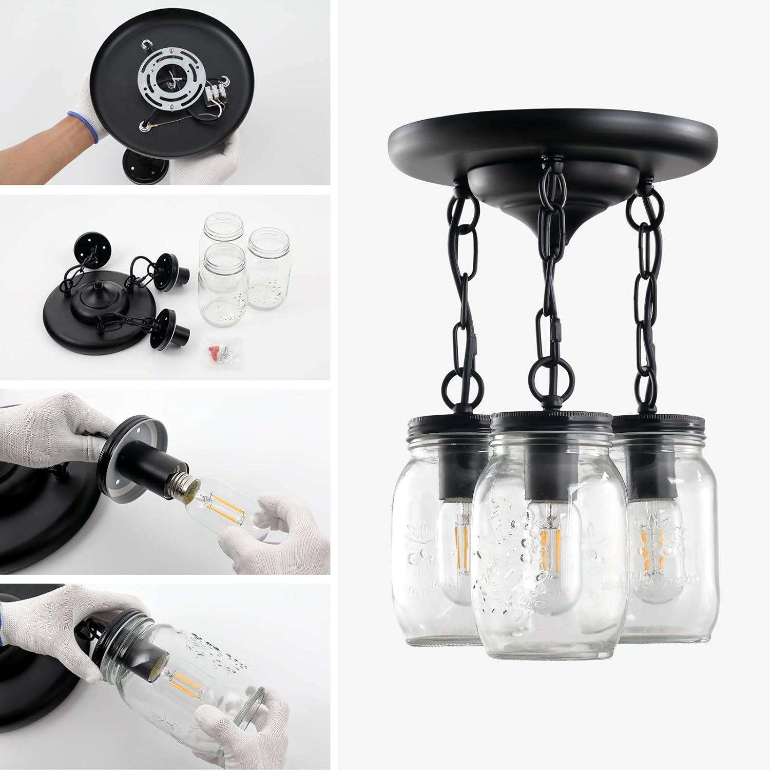 Black Pendant Lights, 3-Light Clear Glass Pendant Lights Kitchen Island, Mason Jar Light Fixtures, Farmhouse Mason Jar Pendant Lighting for Kitchen Dining Room Bedroom Hallway Entryway