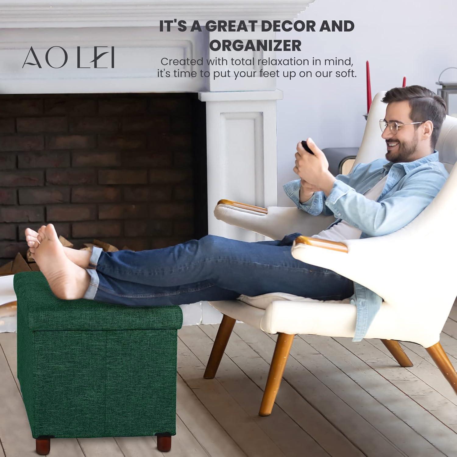 30 Inches Storage Ottoman Bench, Storage Bench with Wooden Legs for Living Room Ottoman Foot Rest Removeable Lid for Bedroom End of Bed, Linen Fabric Green Color