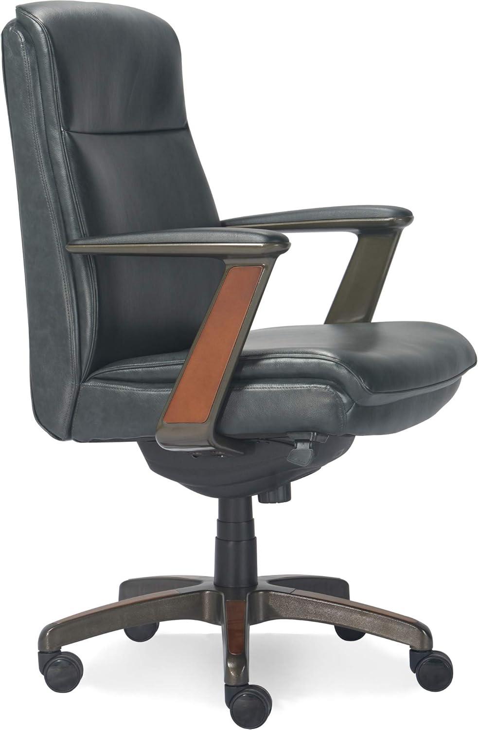 Executive High-Back Black Leather Swivel Office Chair with Wood Accents