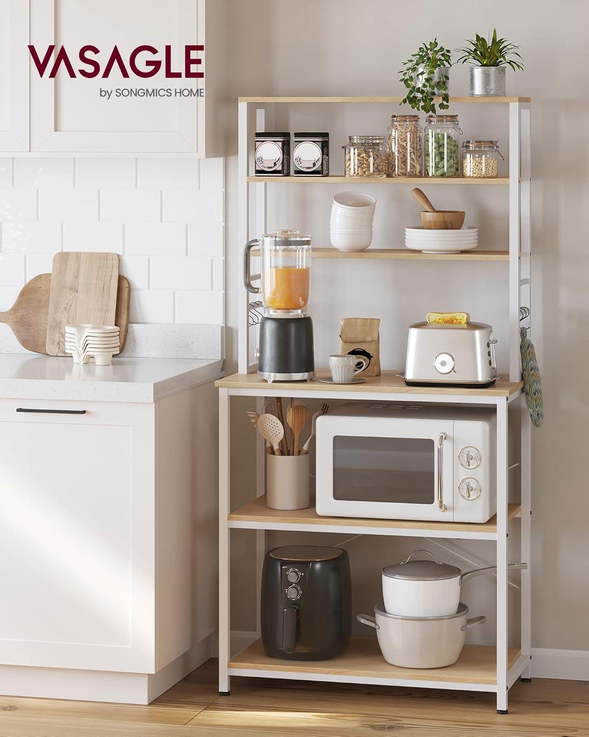 Oak and White 6-Tier Industrial Kitchen Baker's Rack with Storage