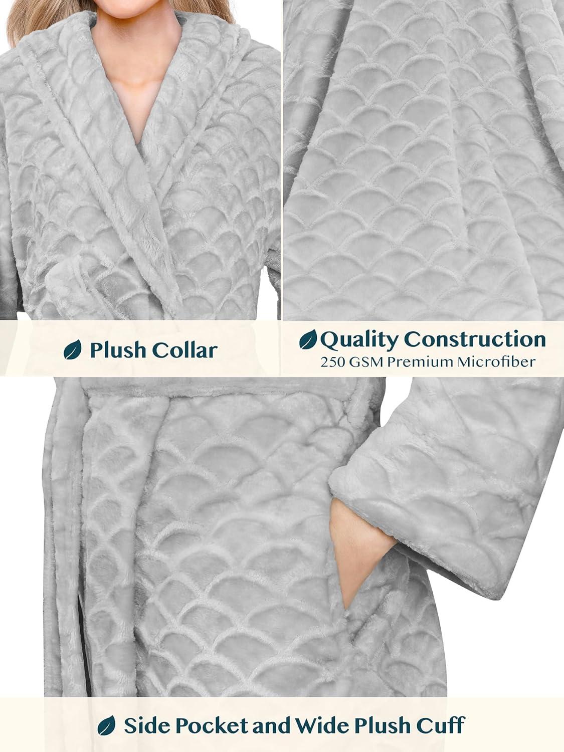 PAVILIA Short Robes for Women, Plush Soft Bathrobe Womens Lightweight, Fluffy Fuzzy Robe Knee Length, Shower Spa (Light Grey, Small-Medium)