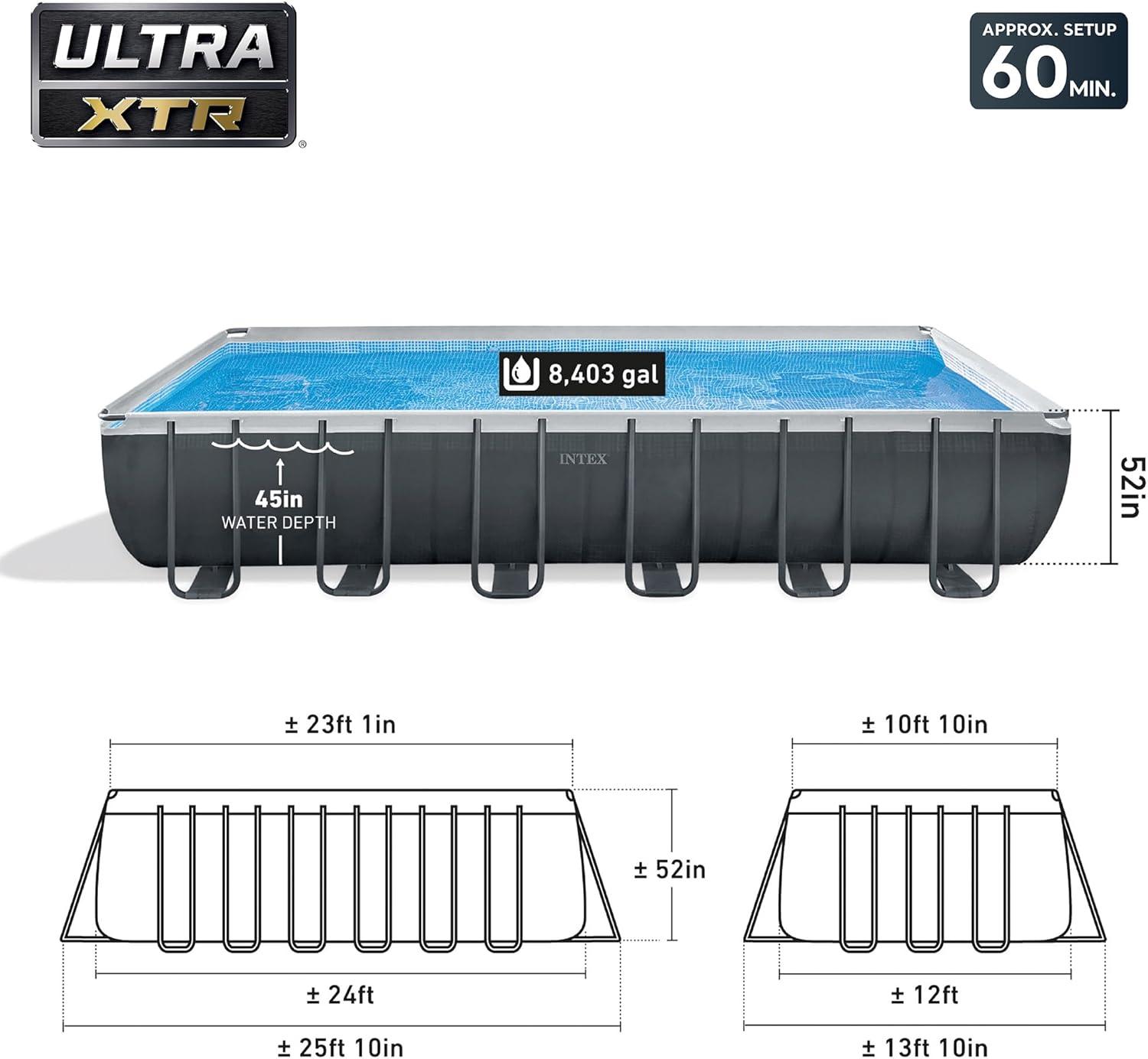 Intex 26363EH Ultra XTR 24ft x 12ft x 52in Outdoor Above Ground Rectangular Swimming Pool Set with 2 Lounge Pool Recliner Floats & 72 Can Cooler Float