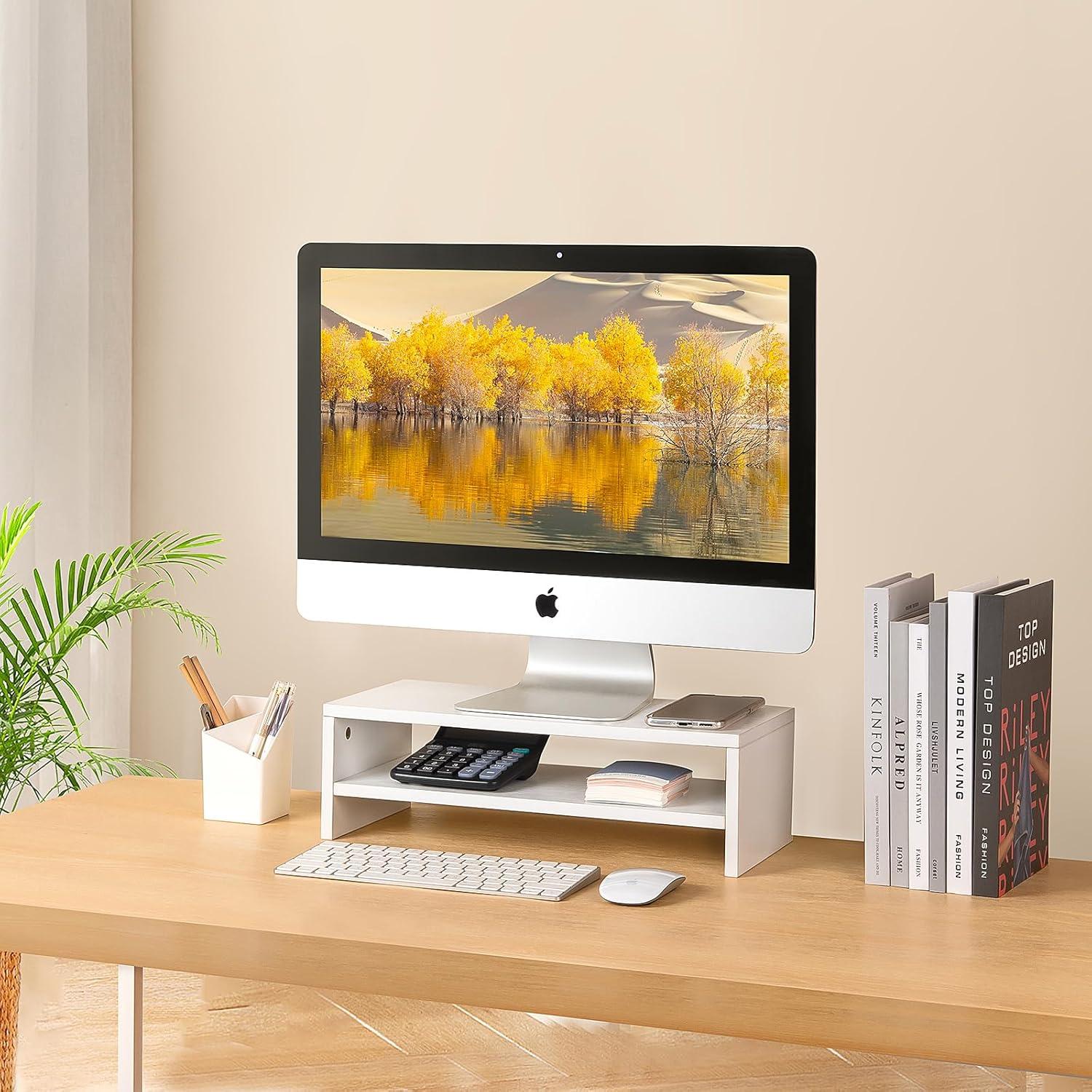 White MDF 2-Tier Monitor Stand with Storage