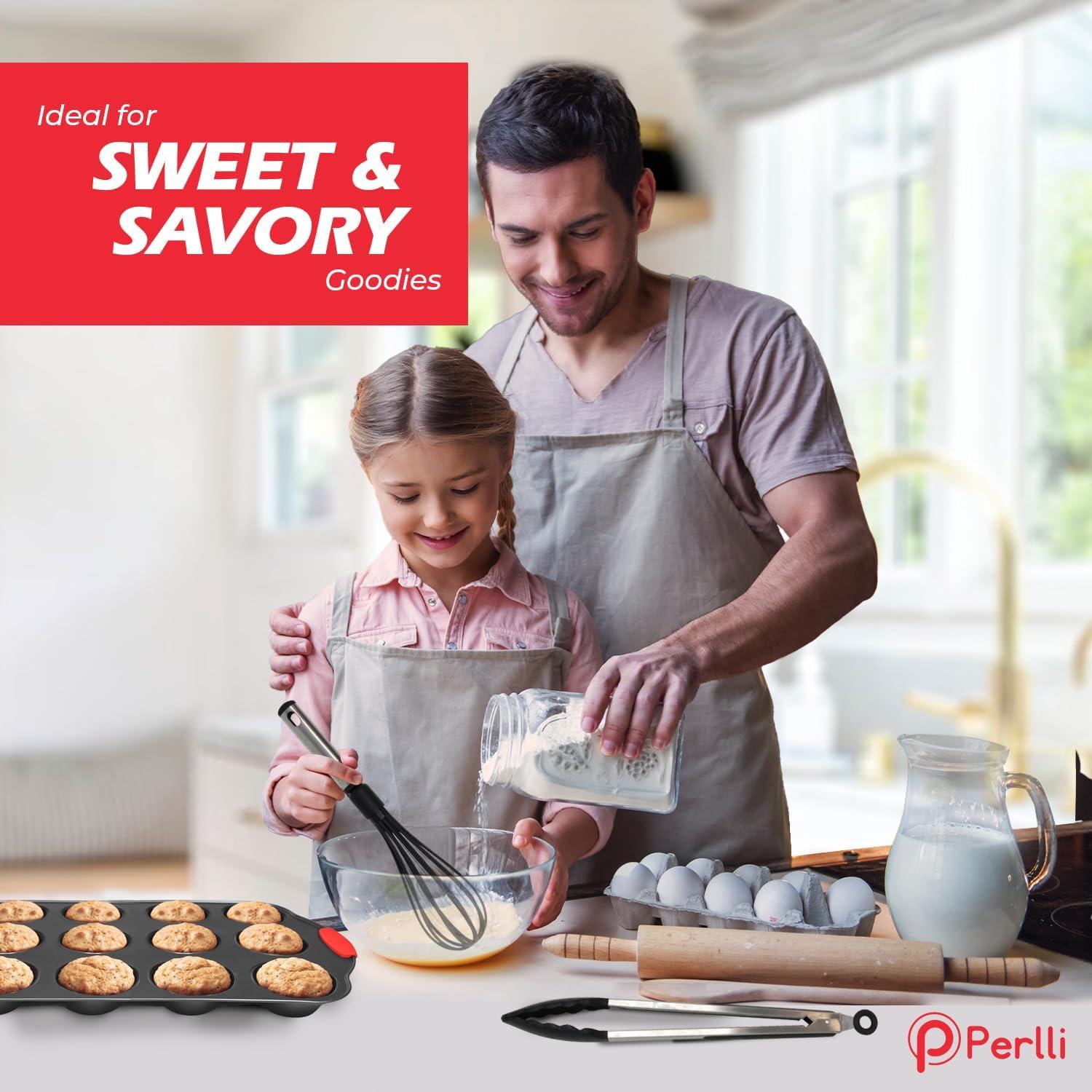 PERLLI Non-Stick 17-Piece Baking Pan Set, BPA-Free Carbon Steel Bakeware Set with Silicone Handles, Stackable Kitchen Oven Set, Cookie Sheet, Baking Tray, Baking Sheet Set, Utensils, Oven Safe (446°F)