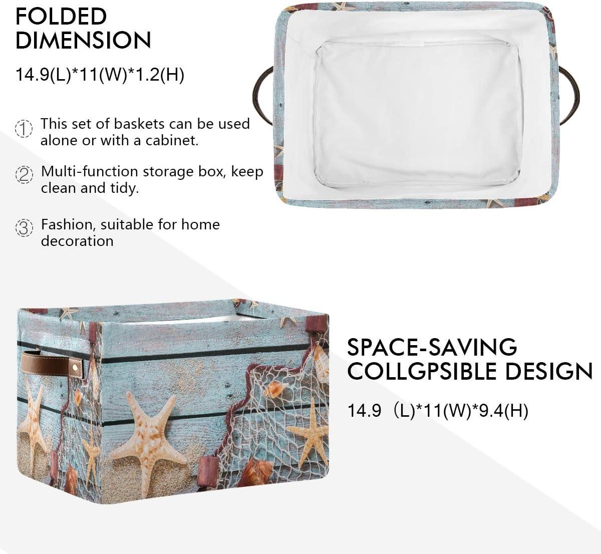 AUUXVA Summer Beach Sand Storage Basket Bin Rustic Wooden Starfish Large Fabric Toys Storage Cube Box with Handles Collapsible Closet Shelf Cloth Organizer Basket for Nursery Bedroom Bathroom
