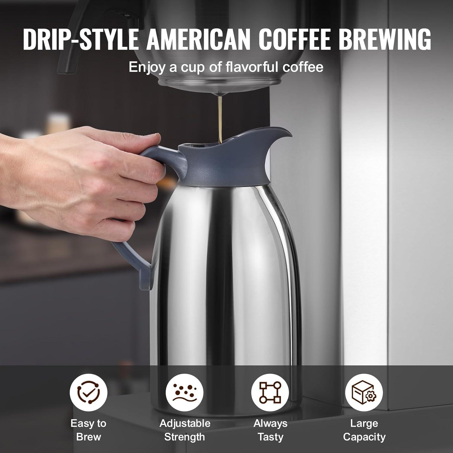 VEVOR 12 Cups Commercial Drip Coffee Maker, Coffee Maker Machine with Thermal Carafe to Keep Warm or Cold, Stainless Steel Pour Over Coffee Brewer
