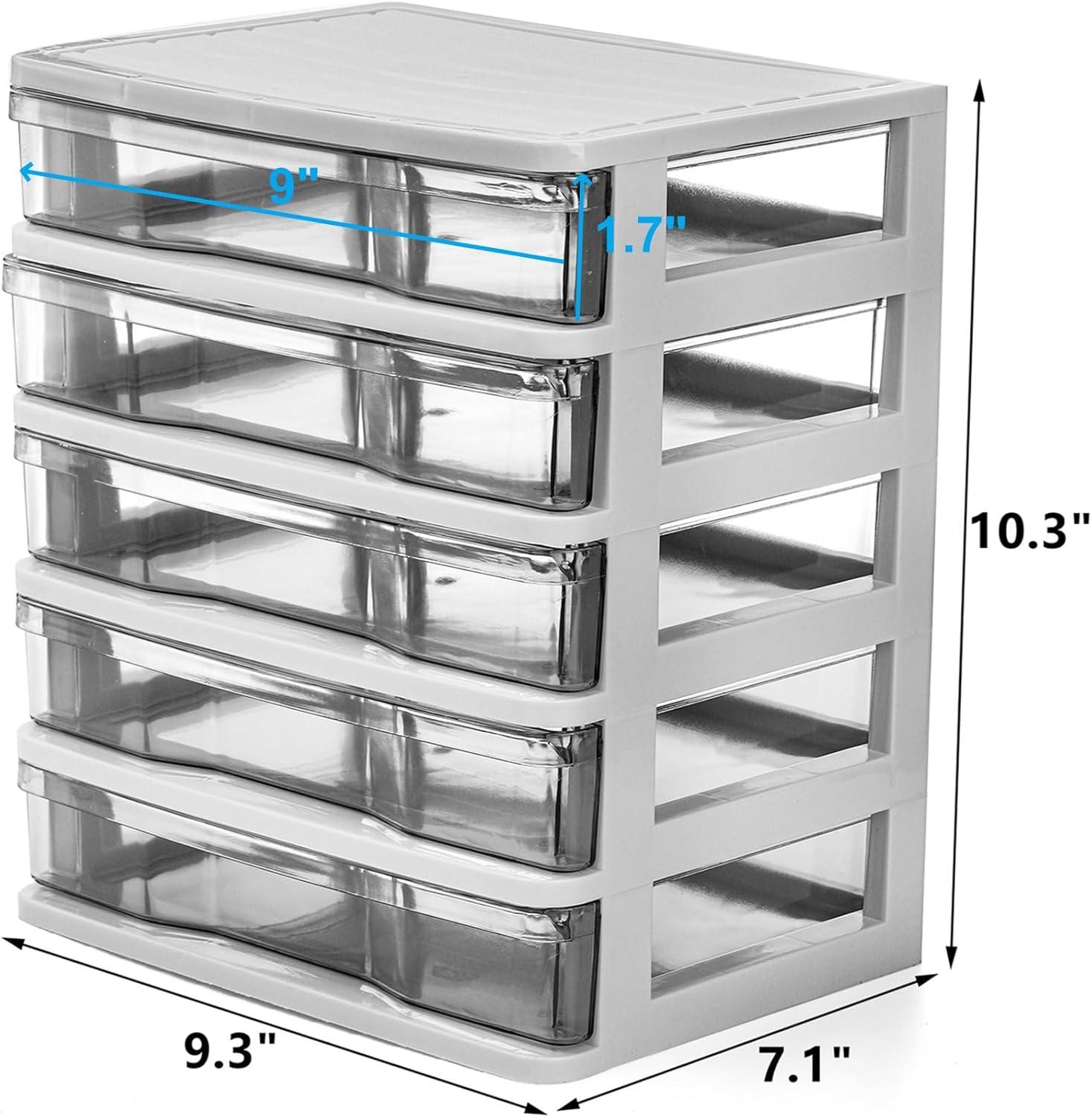 DEAYOU 5 Drawer Desktop Storage Bin Unit, Small Plastic Organizer, White Frame with Clear Drawer, Mini Container Case for Desk, Storing Craft, Accessory, Stationery