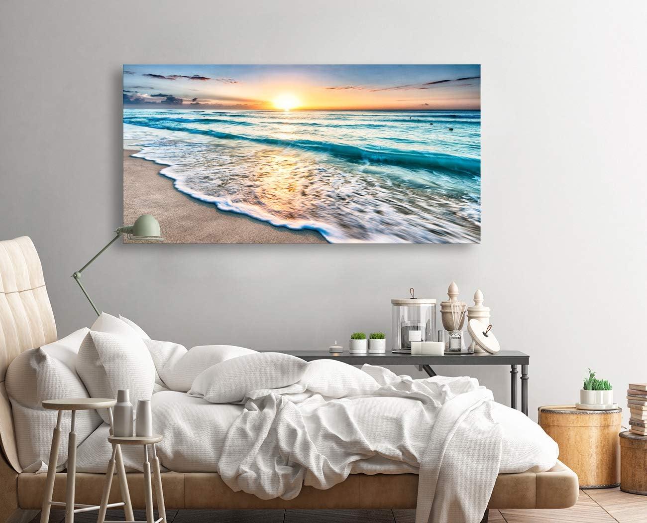 Shiartex Canvas Prints Wall Art Beach Sunset Ocean Waves Nature Pictures Stretched Pictures to Photo Paintings on Canvas for Home Office Decorations Wall Décor -20x16 In