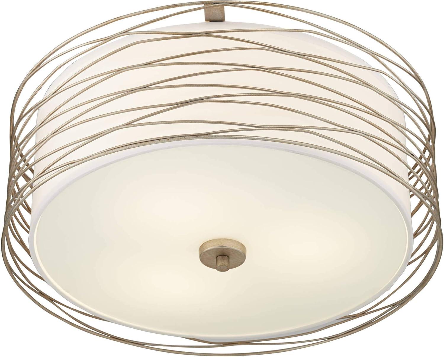 Possini Euro Design Modern Ceiling Light Flush Mount Fixture Antique Silver Leaf 18" Wide Wavy Spun White Drum for Bedroom Kitchen