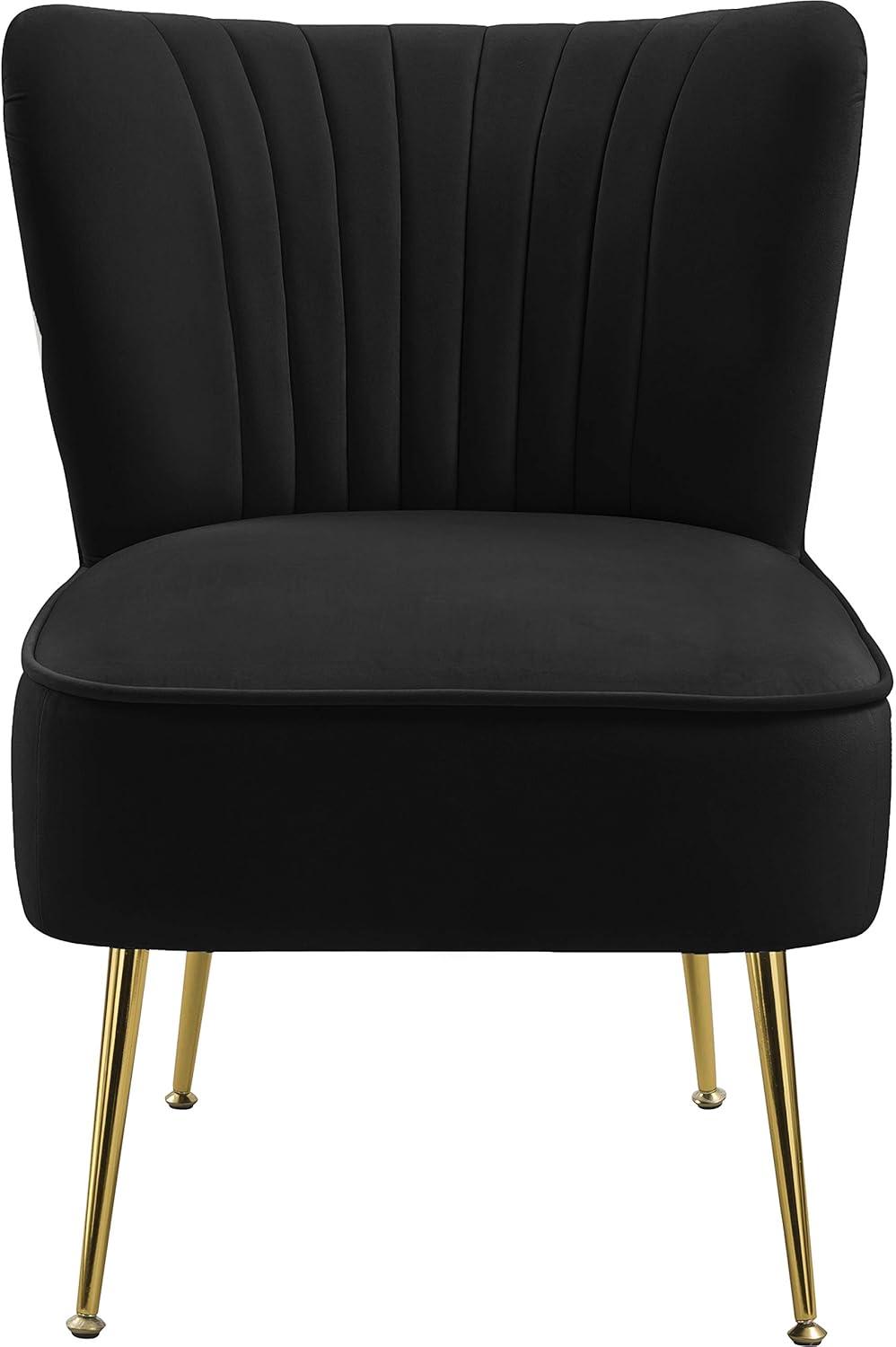 Meridian Furniture Tess Collection Modern | Contemporary Velvet Upholstered Accent Chair with Deep Channel Tufting and Custom Gold Steel Legs, 22.5" W x 26.5" D x 29.5" H, Black