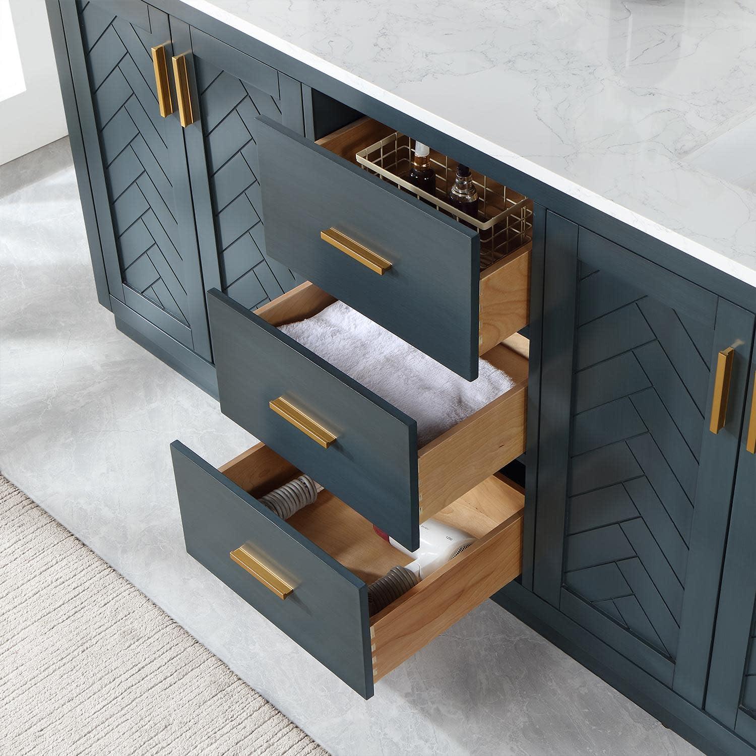 Gazsi 72" Double Bathroom Vanity Set in Black Oak with Grain White Composite Stone Countertop Without Mirror
