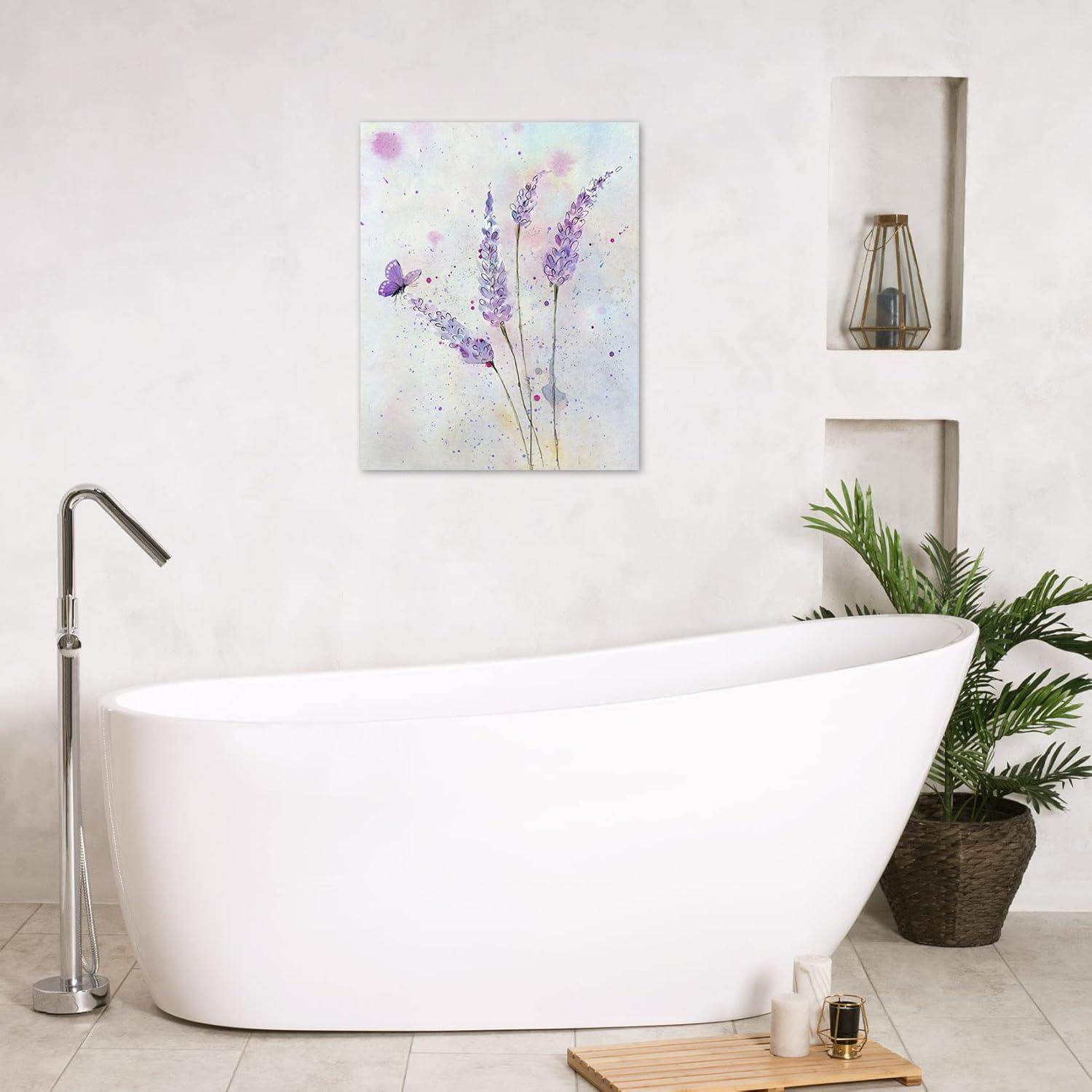 HVEST Lavender Canvas Wall Art Butterfly with Purple Flower Artwork Elegant Paintings for Living Room Bedroom Bathroom Wall Decor,Stretched and Framed Ready to Hang,12x16 inches