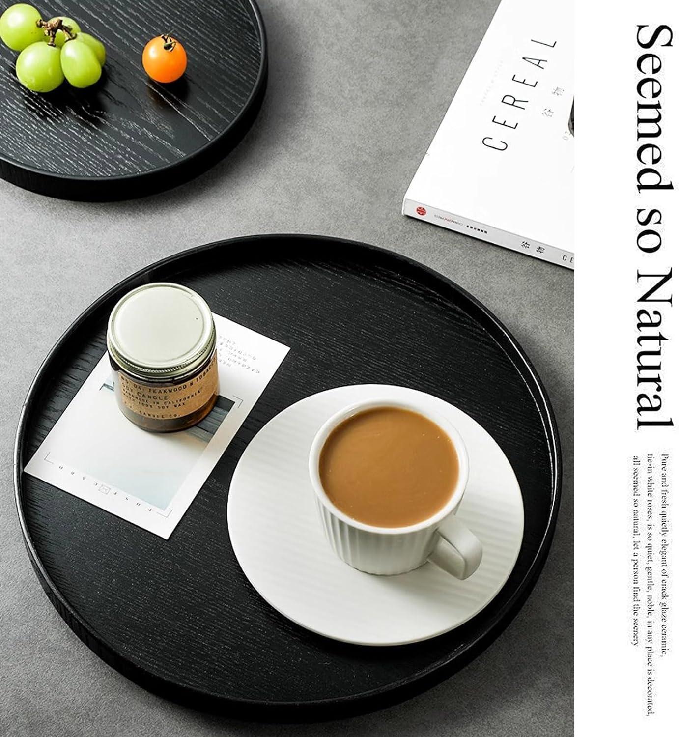 Tea Tray,Round Solid Wood Serving Tray Large Tea Coffee Snack Food Meals Serving Plate Non-Slip Kitchen Party Bar Server Breakfast Tray with Raised Edges [30cm]