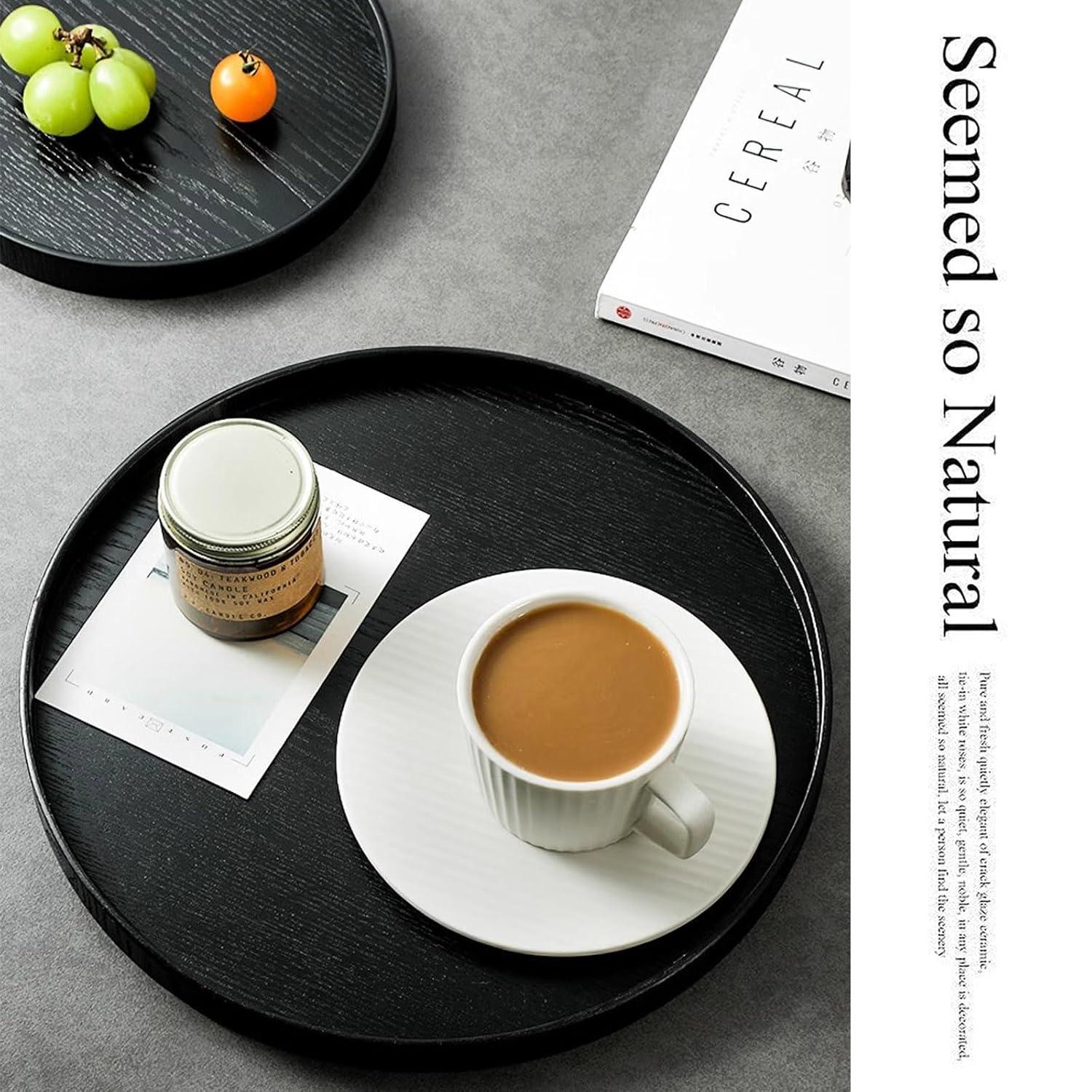 Tea Tray,Round Solid Wood Serving Tray Large Tea Coffee Snack Food Meals Serving Plate Non-Slip Kitchen Party Bar Server Breakfast Tray with Raised Edges [30cm]