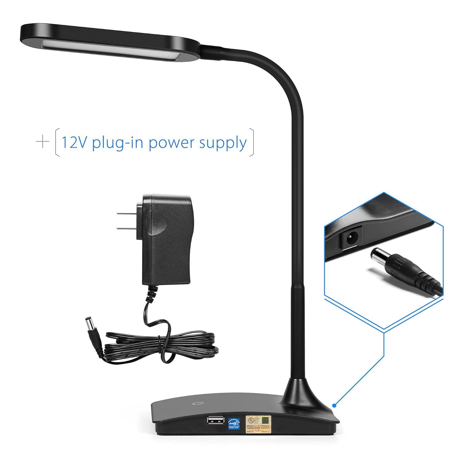 TW Lighting LED Desk Lamp with USB Charging Port Dimmable Study Home Office Lamps Black