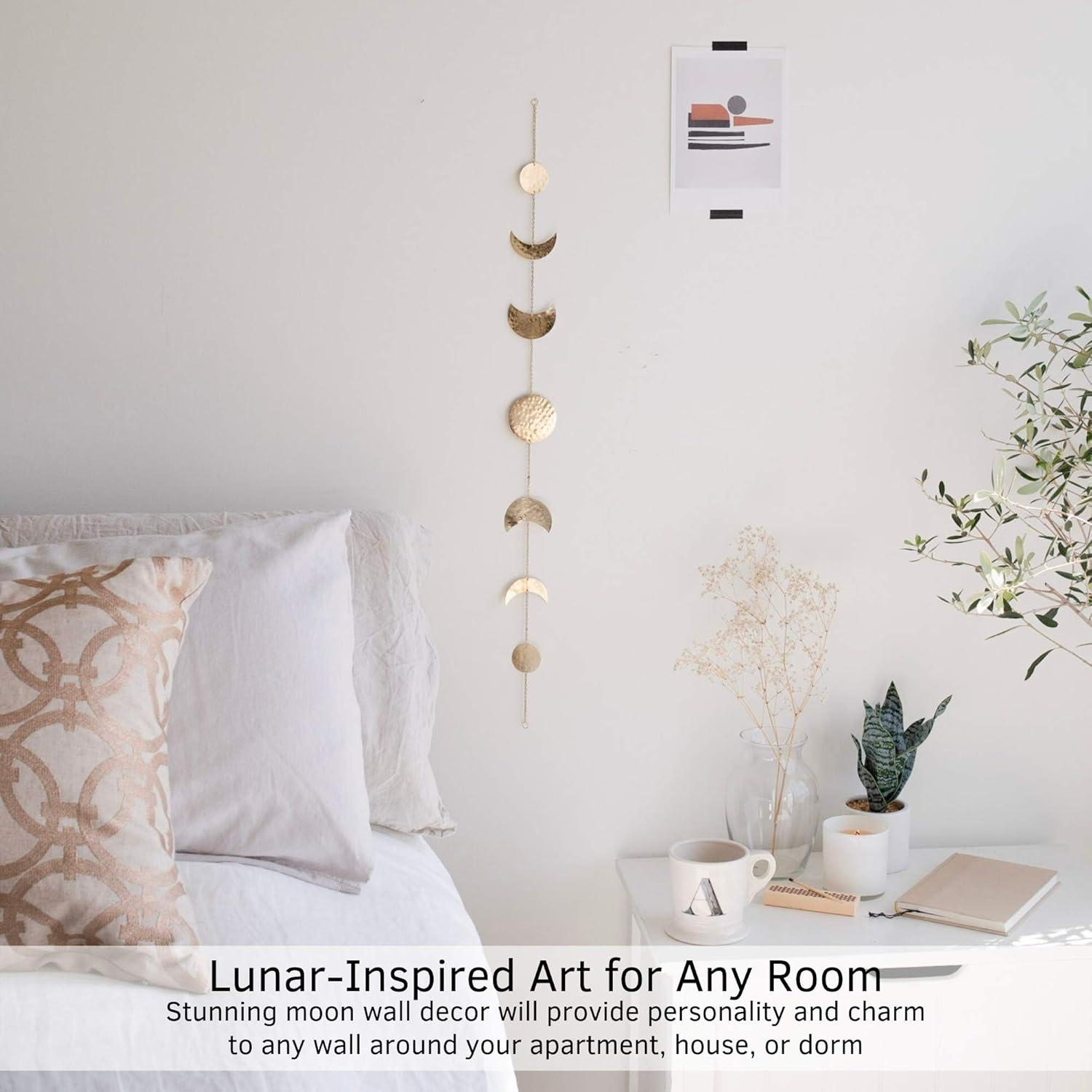 Elegant Bohemian Aesthetic, Moon Phase Wall Decor With Glowing Phases, Handmade Hammered Gold Metal Vertical Wall Art For Shelves, Bedside Tables, Mirrors