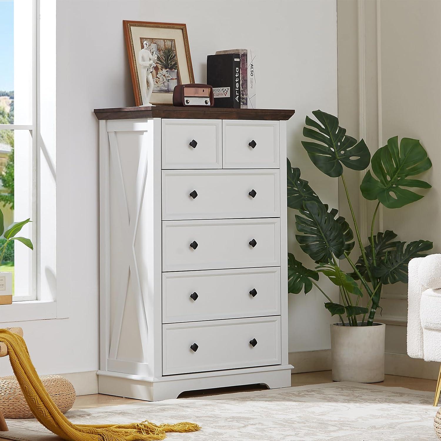 White Farmhouse 48" Tall 6-Drawer Wood Dresser