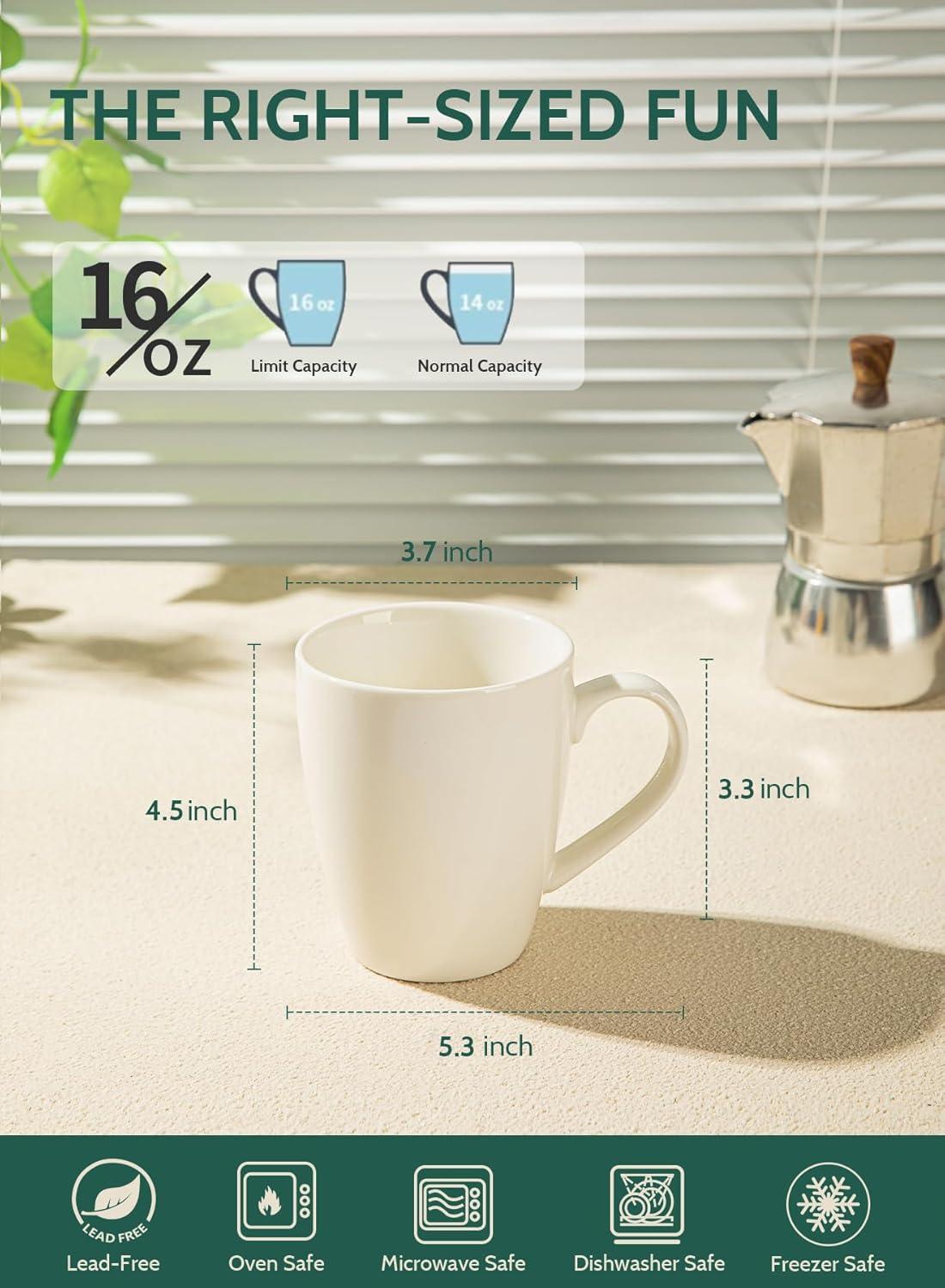 White Ceramic 16-Ounce Modern Coffee Mugs Set