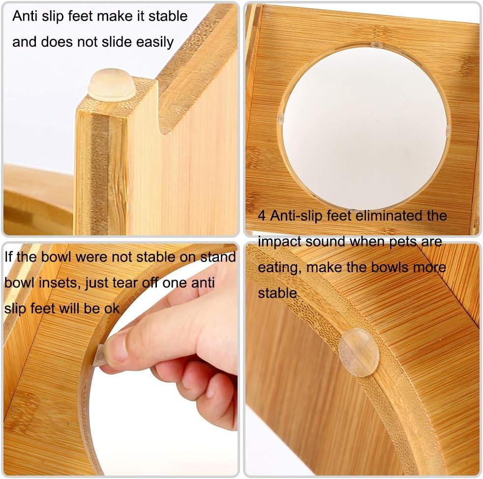 YY FOREYY Juego de 2 Tazones Elevados para Perros y Gatos, Tazones de Agua y Comida para Perros con Inclinación de Bambú, Comedero con 3 Tazones de Acero Inoxidable y Patas Antideslizantes para una Alimentación Cómoda