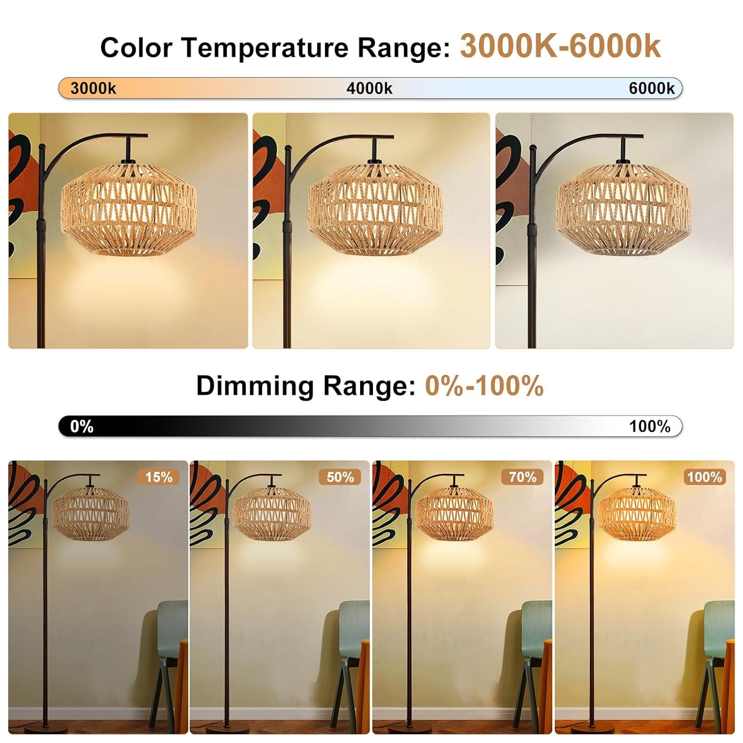 Bay Isle Home™ Boho 72'' Rattan Floor Lamp With 3 Color Temps, 360° Rotatable Modern Farmhouse Design For Bedroom/Living Room/Office