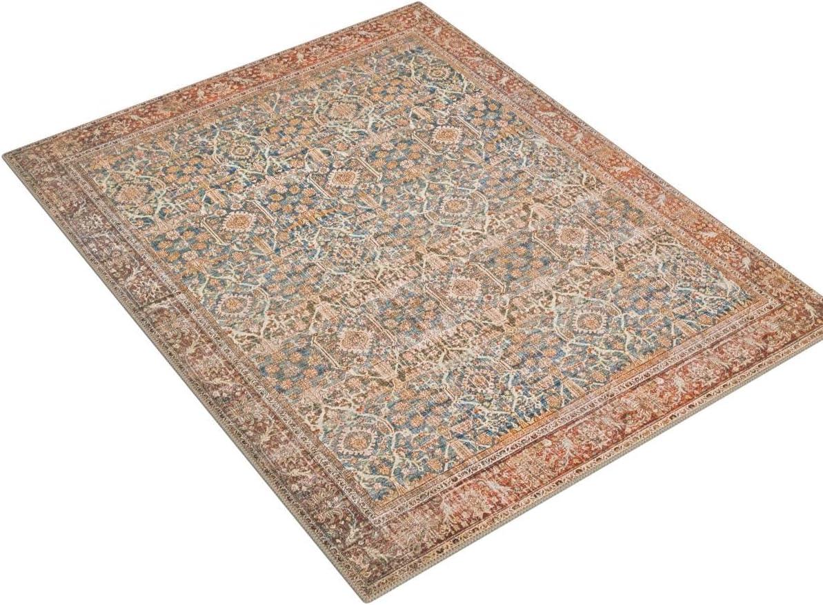 Layla Blue and Rust Stain-Resistant Rectangular Area Rug