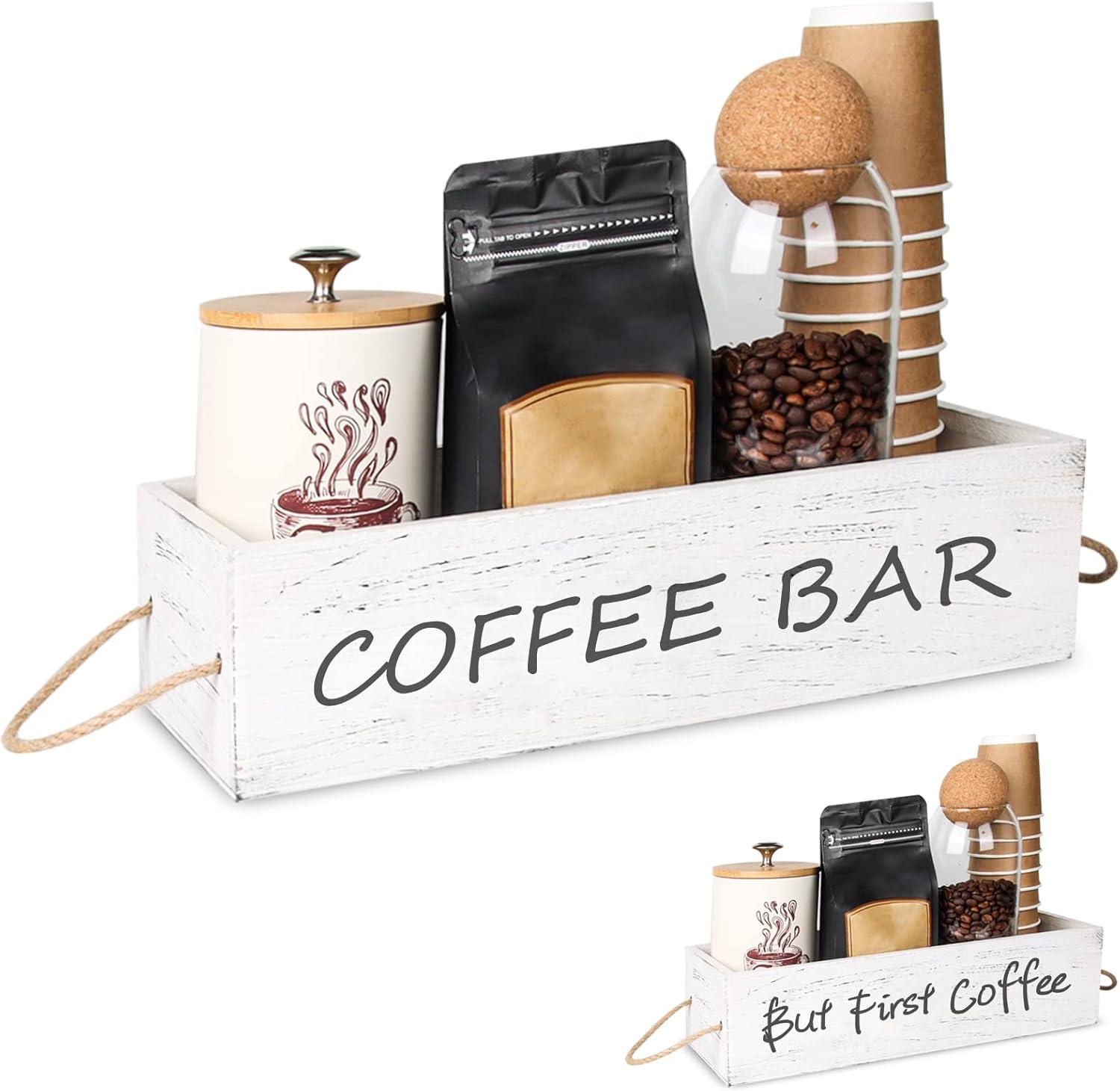 Coffee Station Organizer Wooden Coffee Bar Accessories Organizer for Countertop, Farmhouse Kcup Coffee Pod Holder Storage Basket Coffee Bar Organizer - White