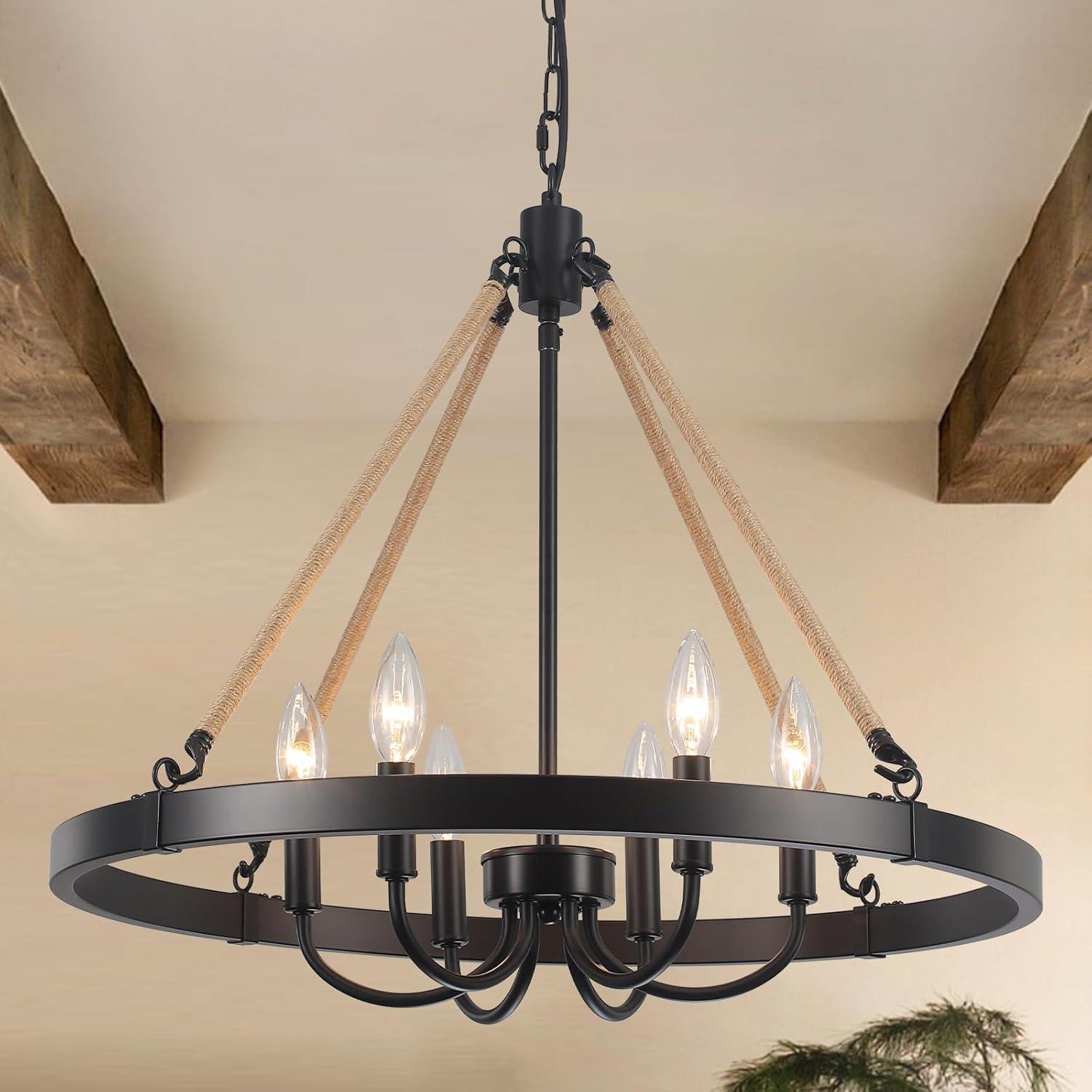 Black Farmhouse Wagon Wheel Candle Style Chandelier with Hemp Rope