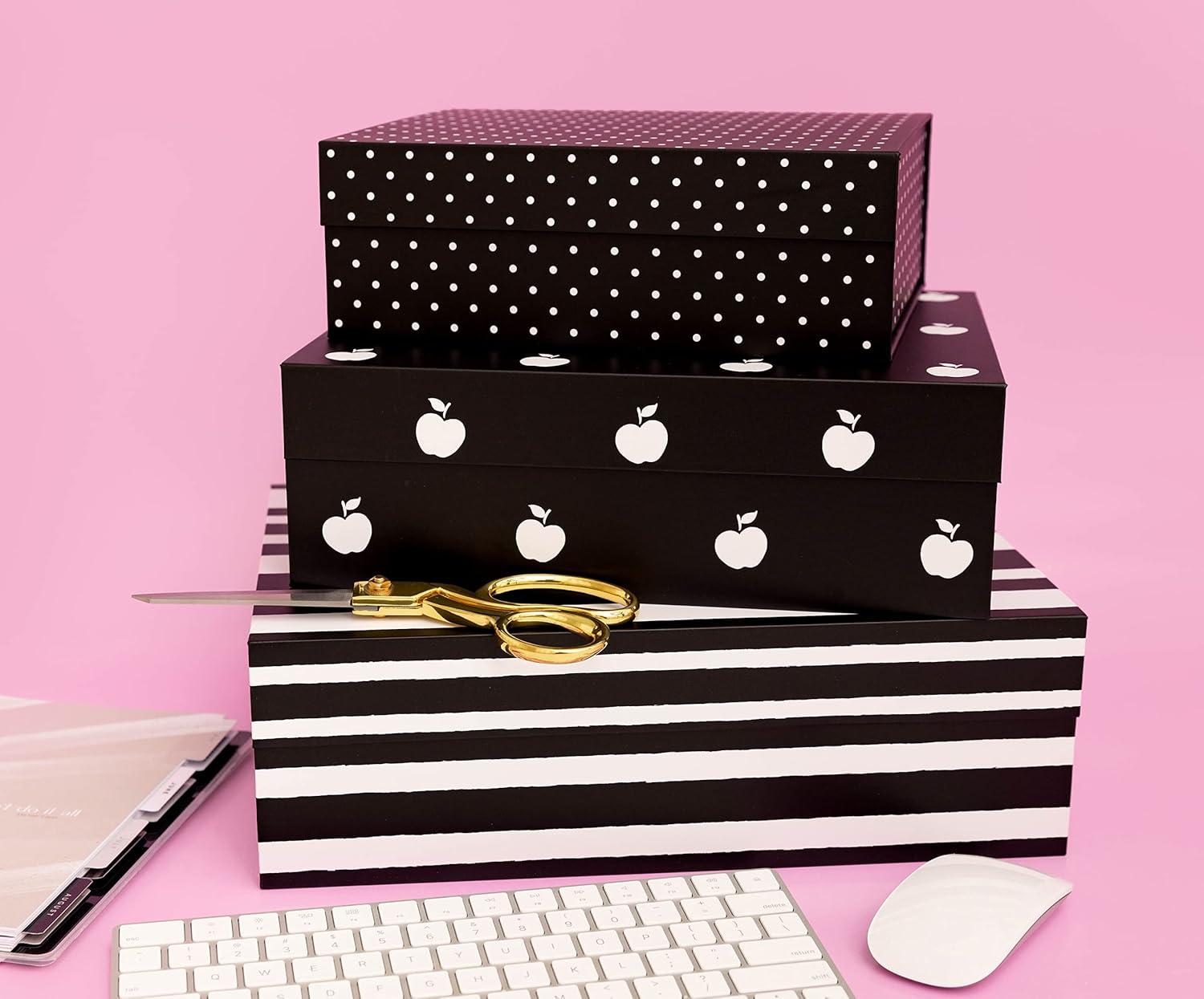 Kate Spade New York Decorative Storage Boxes with Lids, 3 Pack Sturdy Organizer Storage Bins, Includes Small Medium Large Pink Nesting Boxes with Magnetic Closure, Dots and Stripes