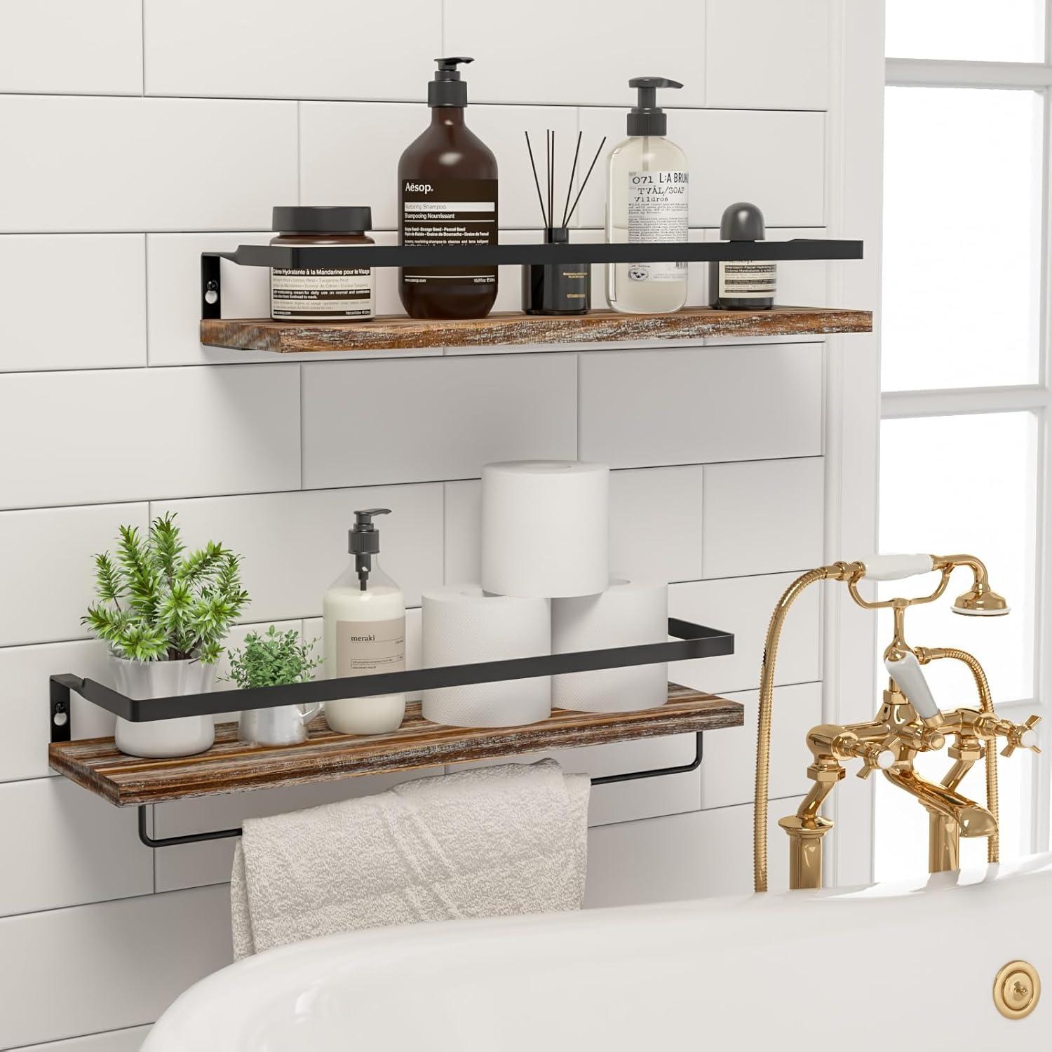 Whitewashed Gray Pine Floating Shelves with Towel Bar - Set of 2