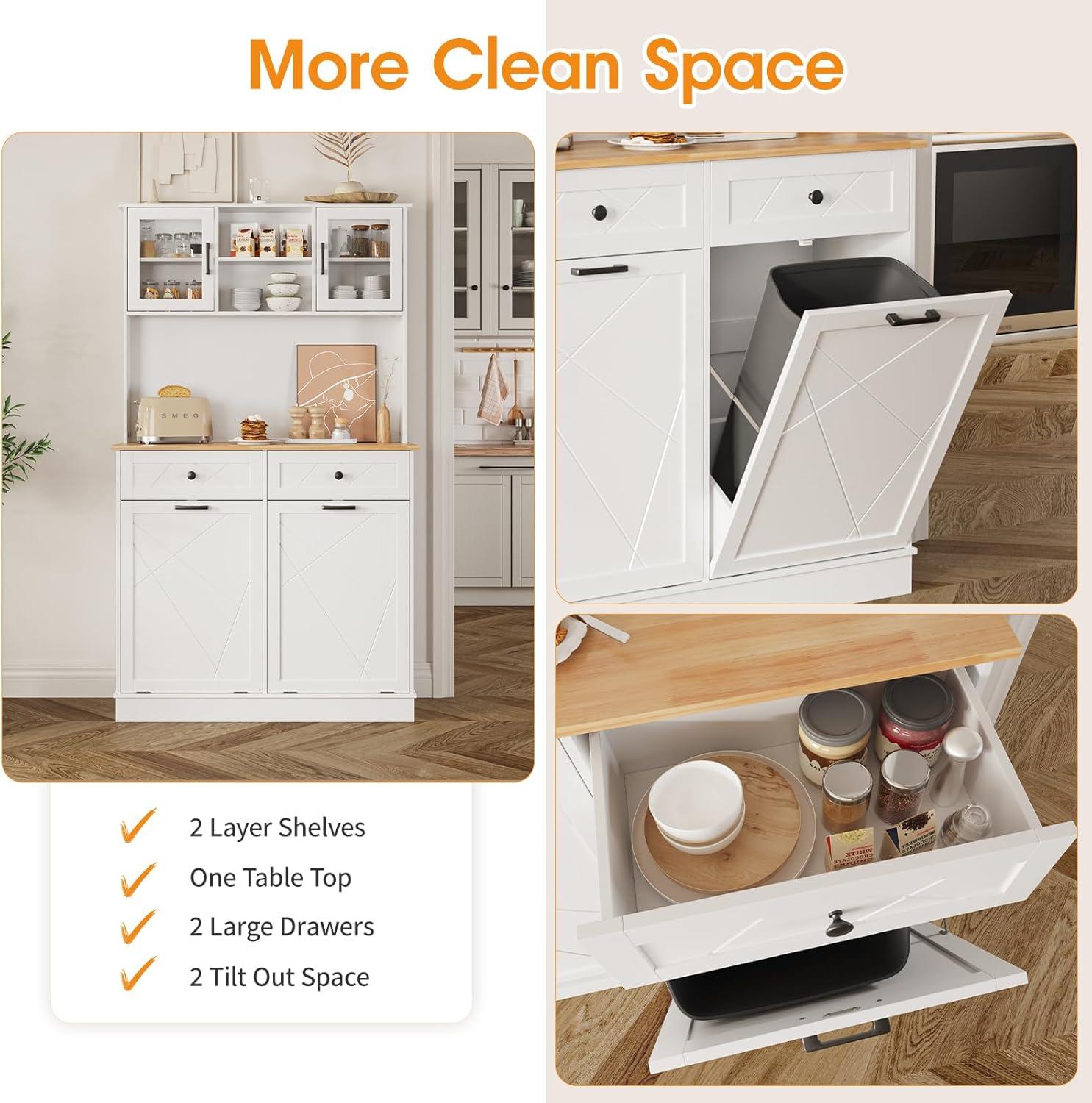 Vabches Kitchen Dual Tilt Out Trash Cabinet , Wood 10 Gal Garbage Cans Holder Drawers, White (Without Trash Bin)