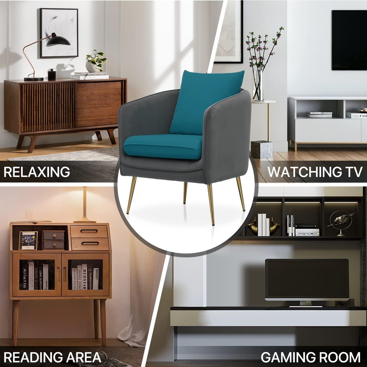 MoNiBloom Accent Barrel Chair, Modern Upholstered Club Armchair, Arm Chair for Living Room Bedroom with Cushion Pillow, Peacock Blue/Grey